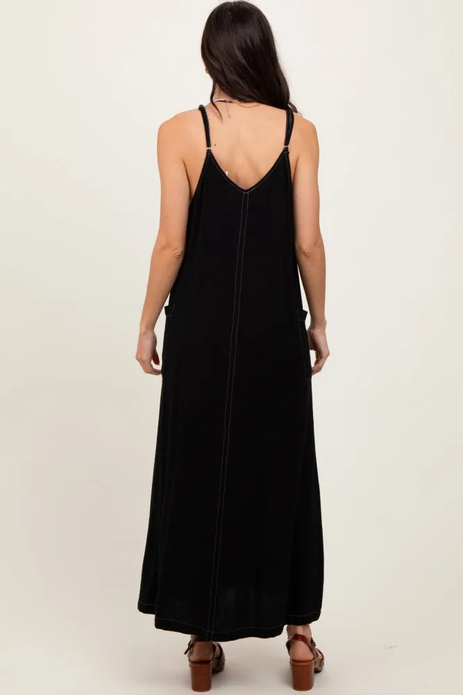 Black Linen Mixed Overall Midi Dress sold by Pinkblush product image thumbnail 3