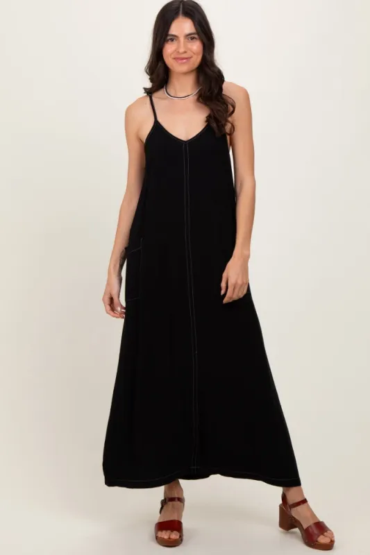 Black Linen Mixed Overall Midi Dress sold by Pinkblush