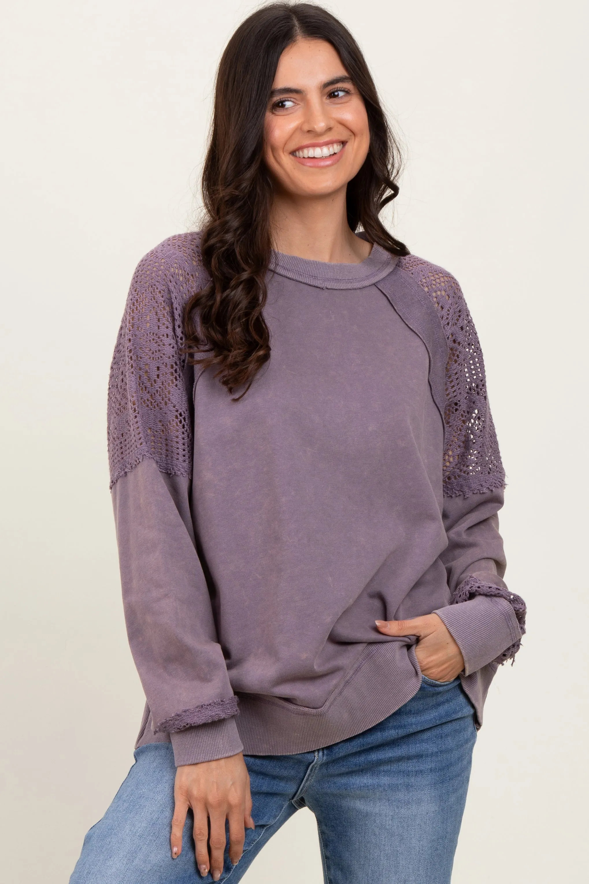 Lavender Lace Inset Exposed Seam Pullover Top sold by Pinkblush
