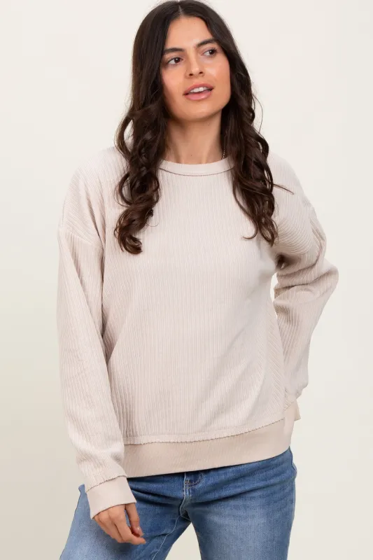 Cream Ribbed Brushed Knit Pullover Top sold by Pinkblush
