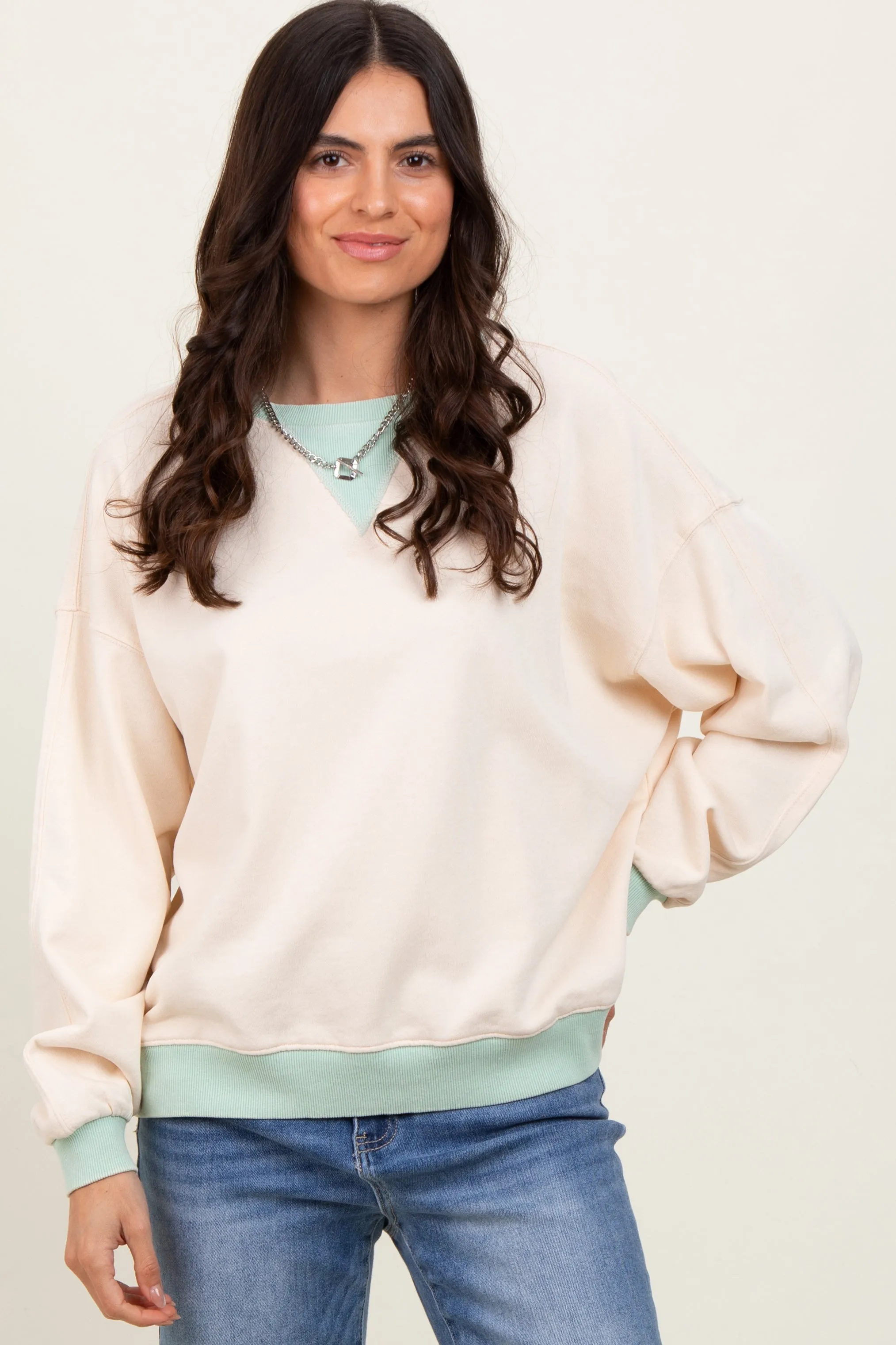 Cream Coloblock French Terry Sweatshirt sold by Pinkblush