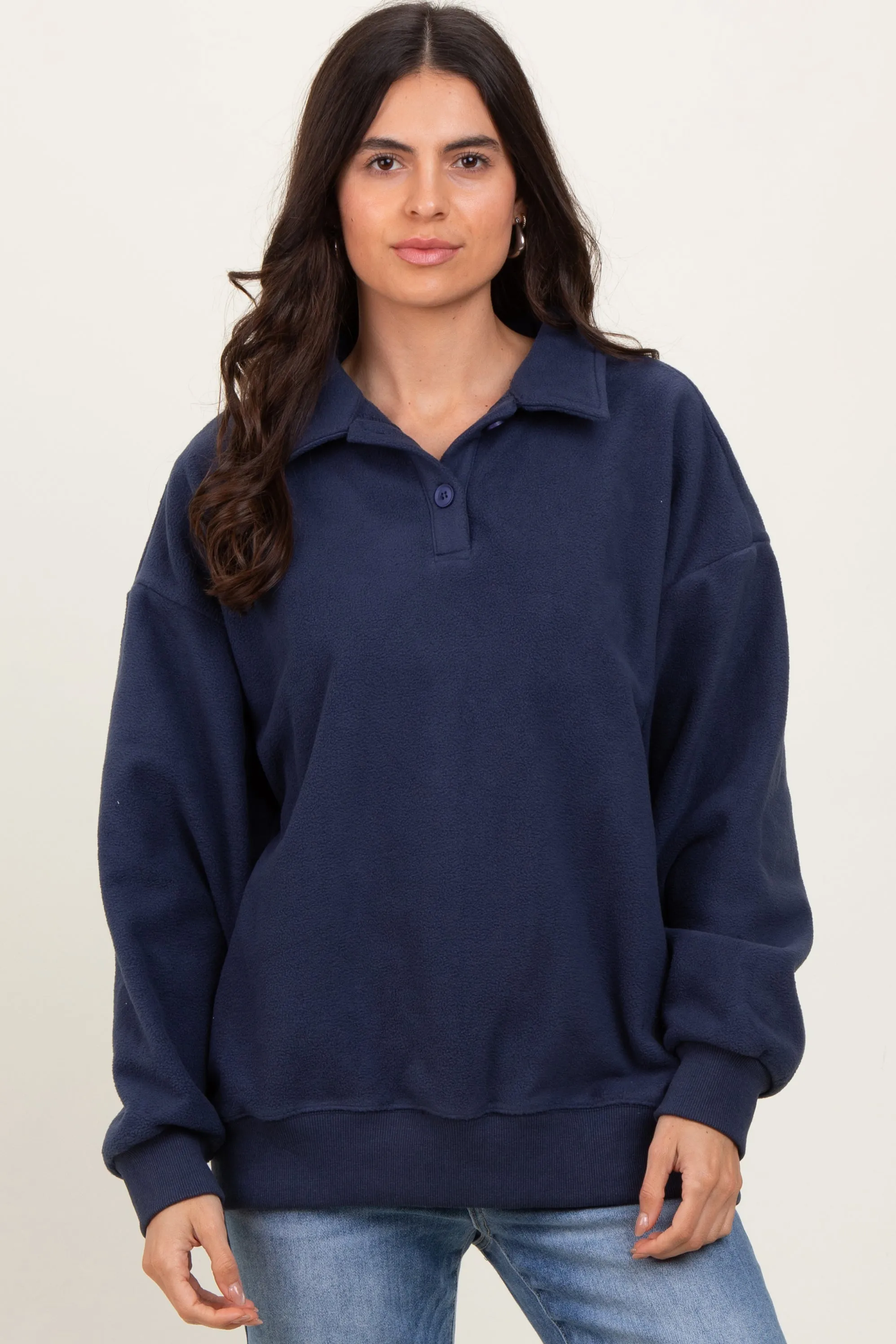 Navy Fleece Collared Button Up Pullover sold by Pinkblush product image thumbnail 2
