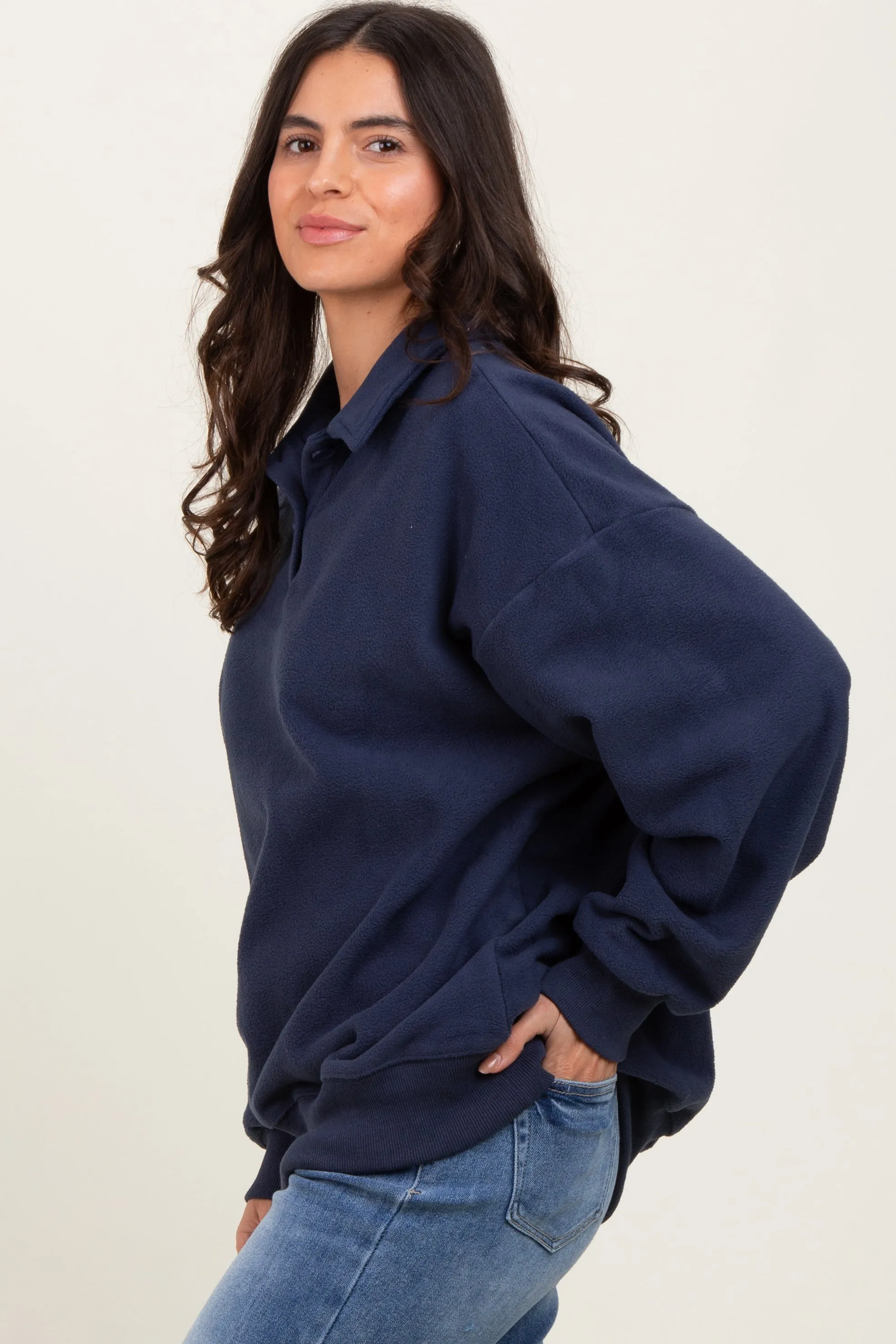 Navy Fleece Collared Button Up Pullover sold by Pinkblush product image thumbnail 3