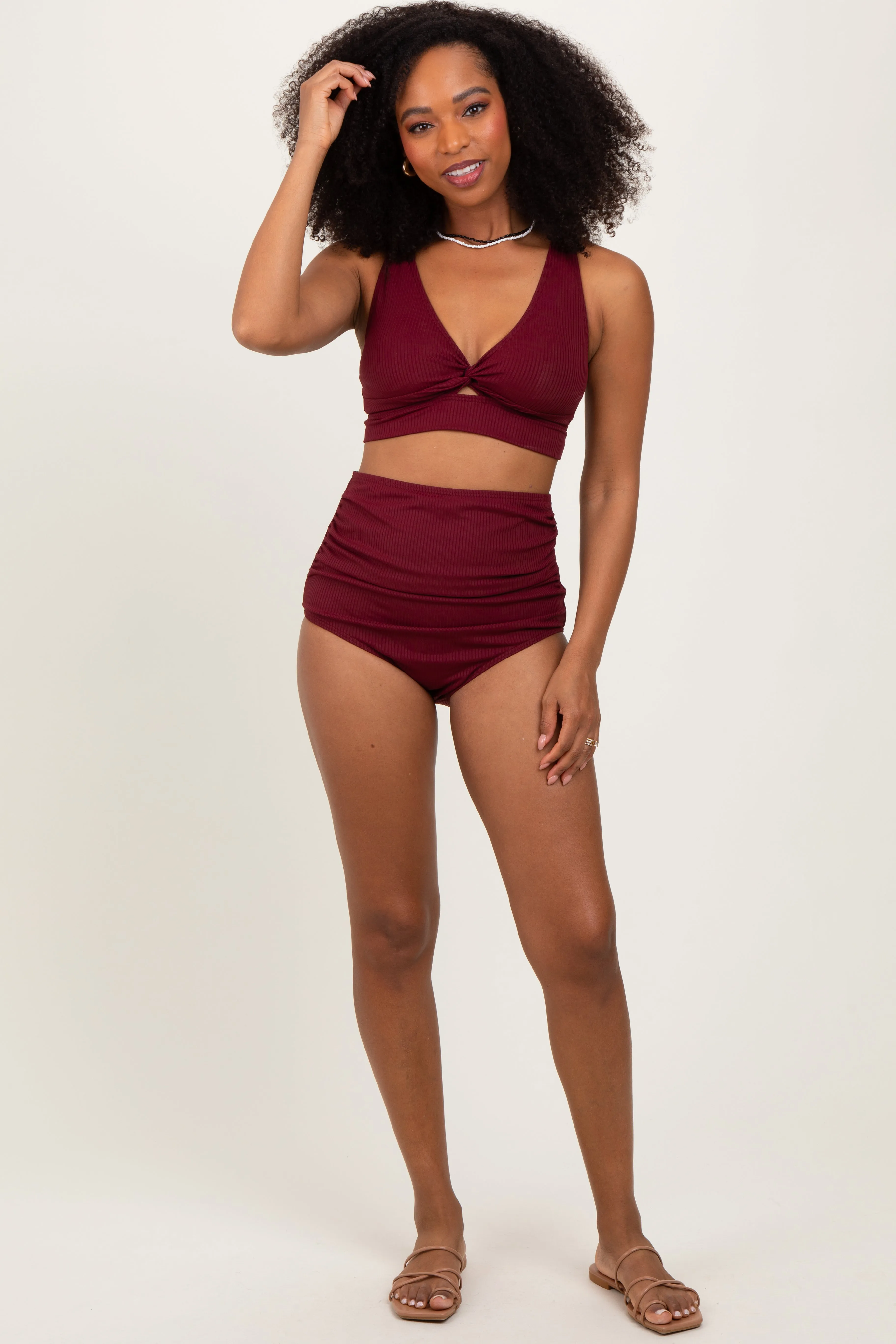 Burgundy Ribbed Twist Cutout Front Swim Set sold by Pinkblush product image thumbnail 2