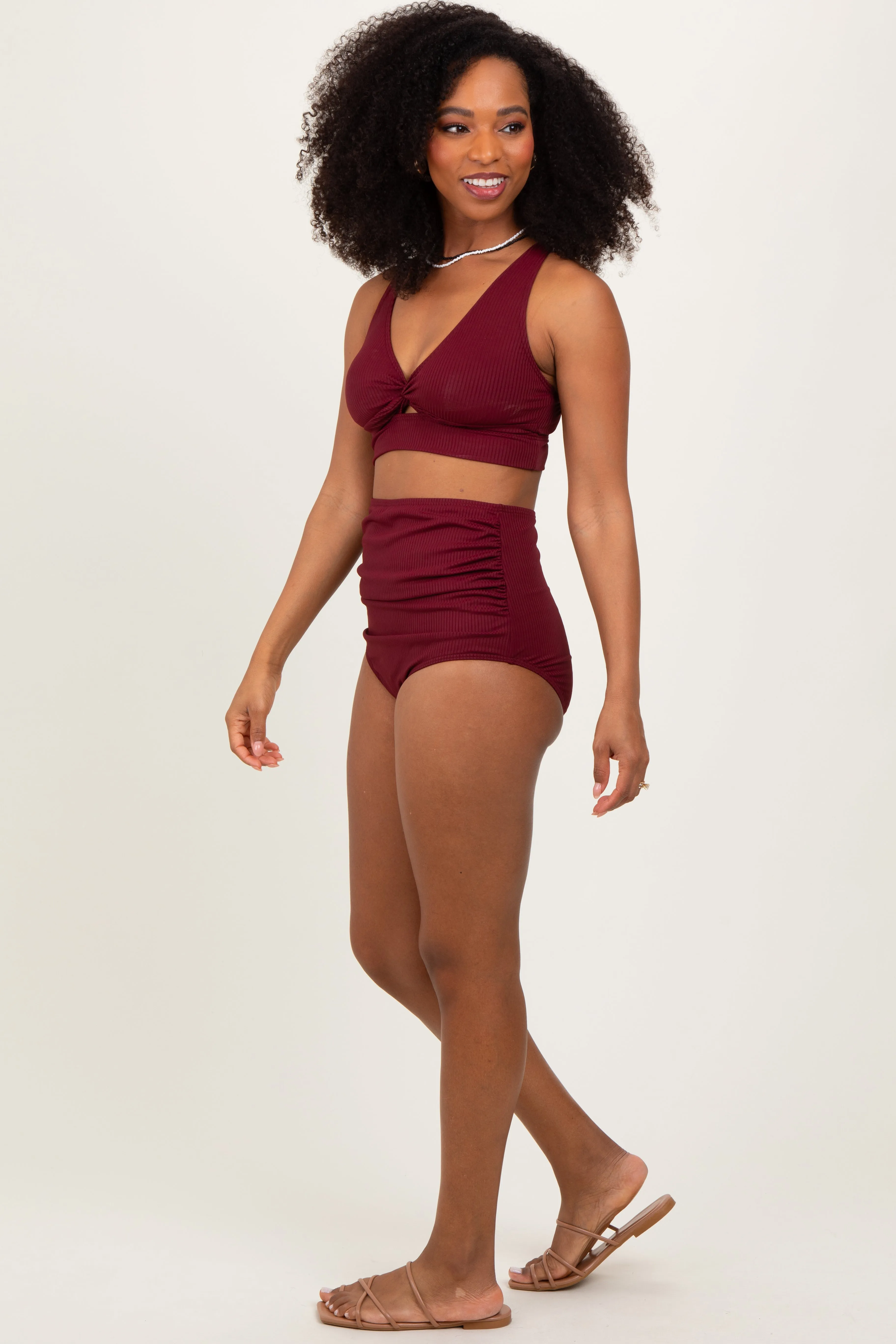 Burgundy Ribbed Twist Cutout Front Swim Set sold by Pinkblush product image thumbnail 3