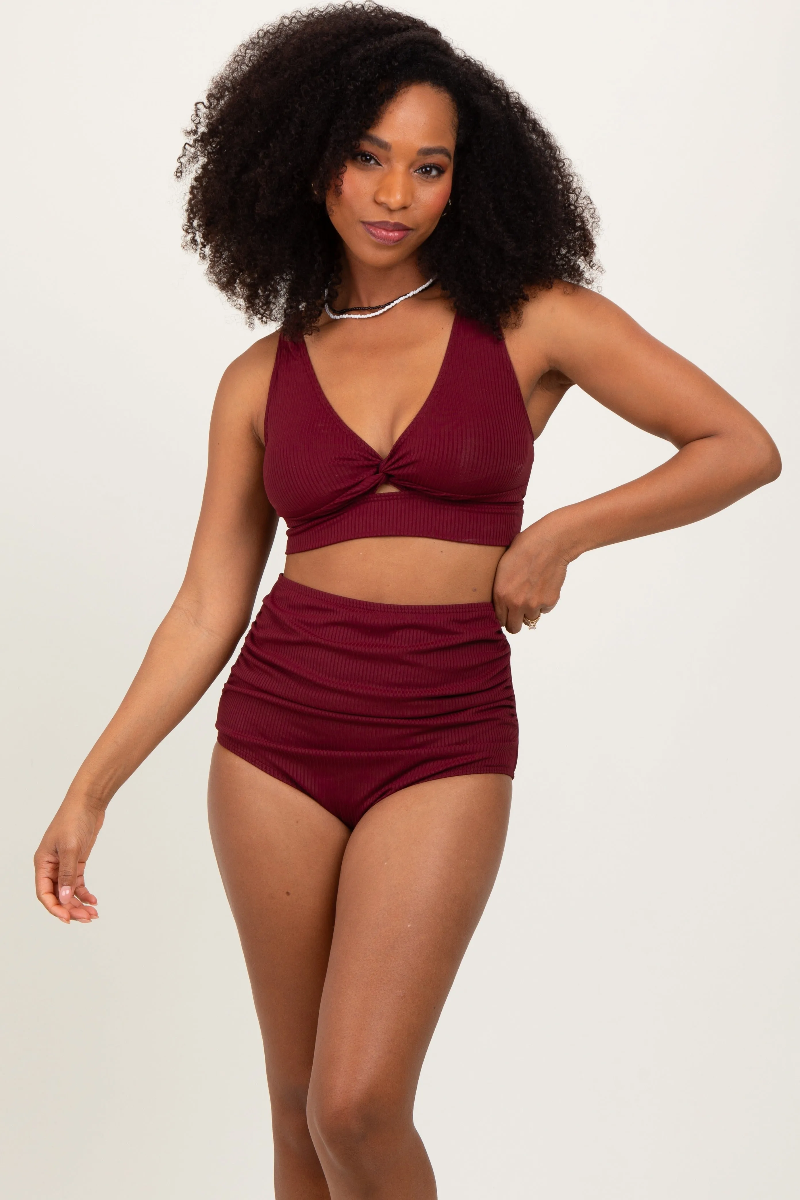 Burgundy Ribbed Twist Cutout Front Swim Set sold by Pinkblush