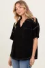 Black Solid Ribbed Collar V-Neck Tunic Top sold by Pinkblush