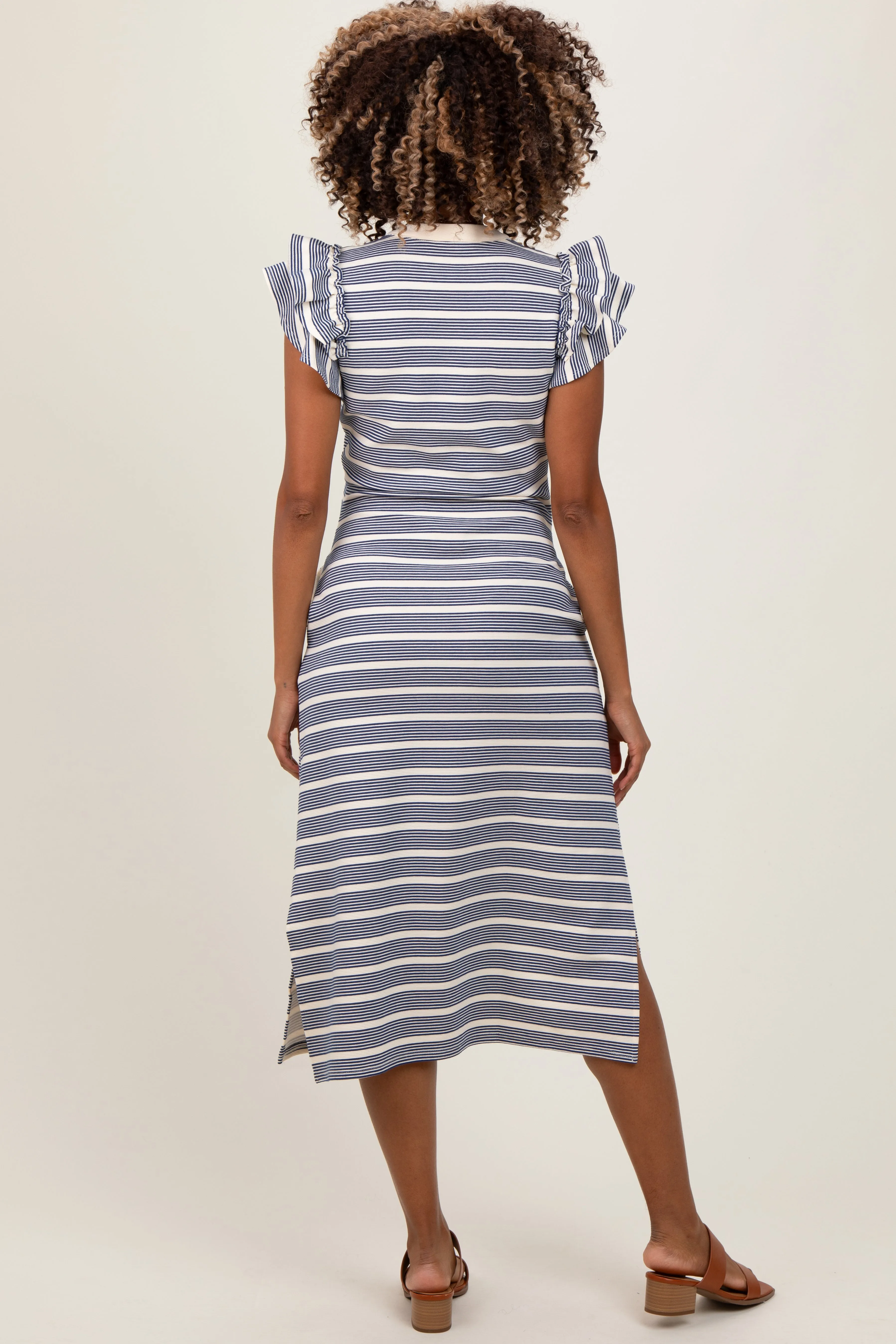 Navy Multi-Striped Button Up Ruffle Sleeve Maternity Midi Dress sold by Pinkblush product image thumbnail 3