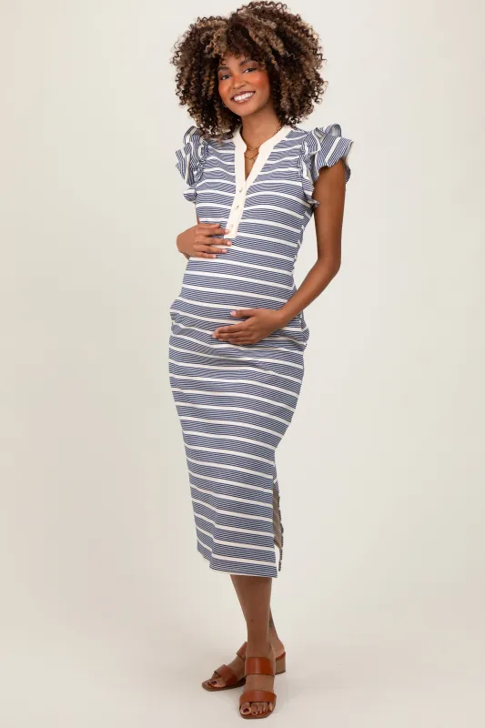 Navy Multi-Striped Button Up Ruffle Sleeve Maternity Midi Dress sold by Pinkblush