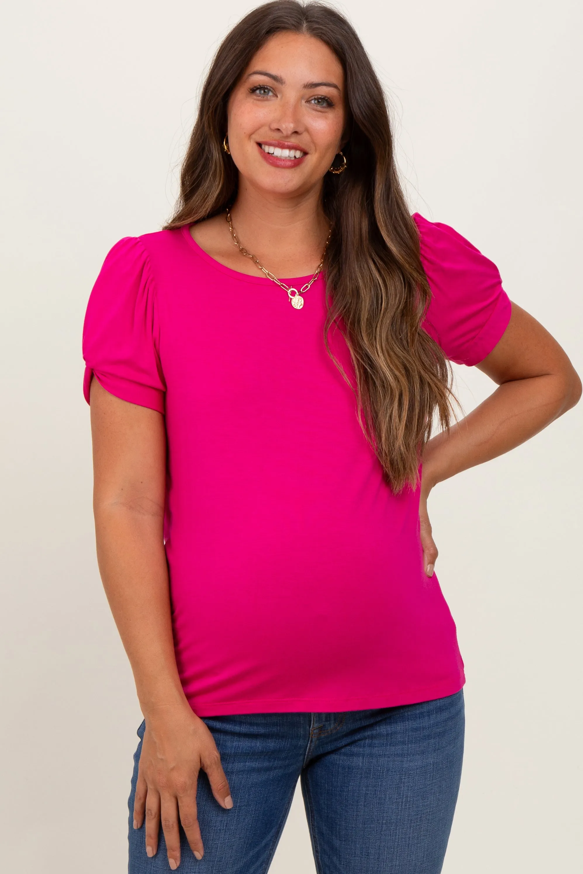 Fuchsia Basic Crew Neck Puff Sleeve Maternity Top sold by Pinkblush product image thumbnail 2