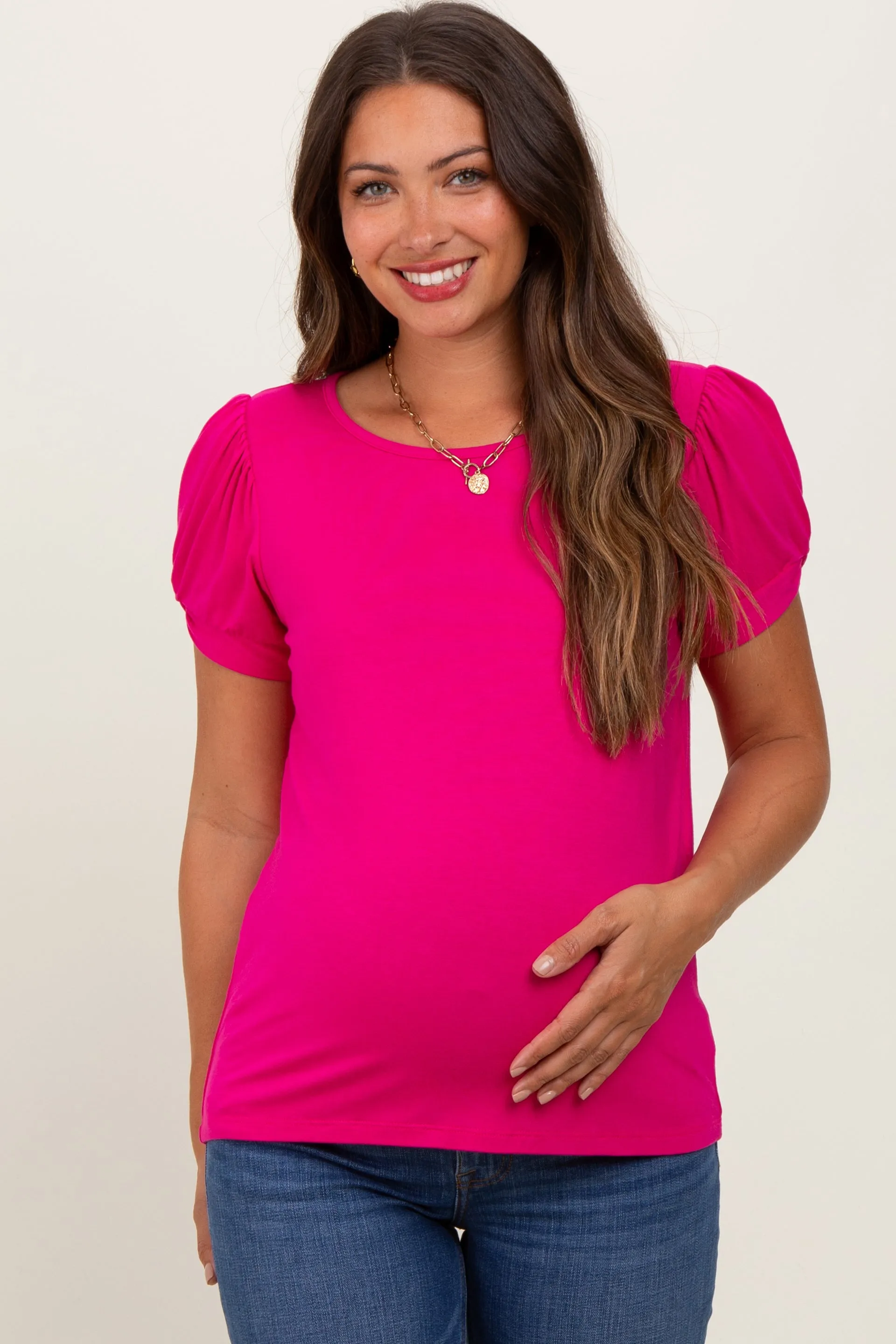 Fuchsia Basic Crew Neck Puff Sleeve Maternity Top sold by Pinkblush