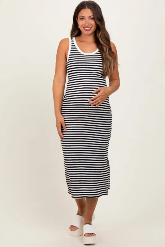 White Striped Ribbed Side Slit Sleeveless Maternity Midi Dress sold by Pinkblush