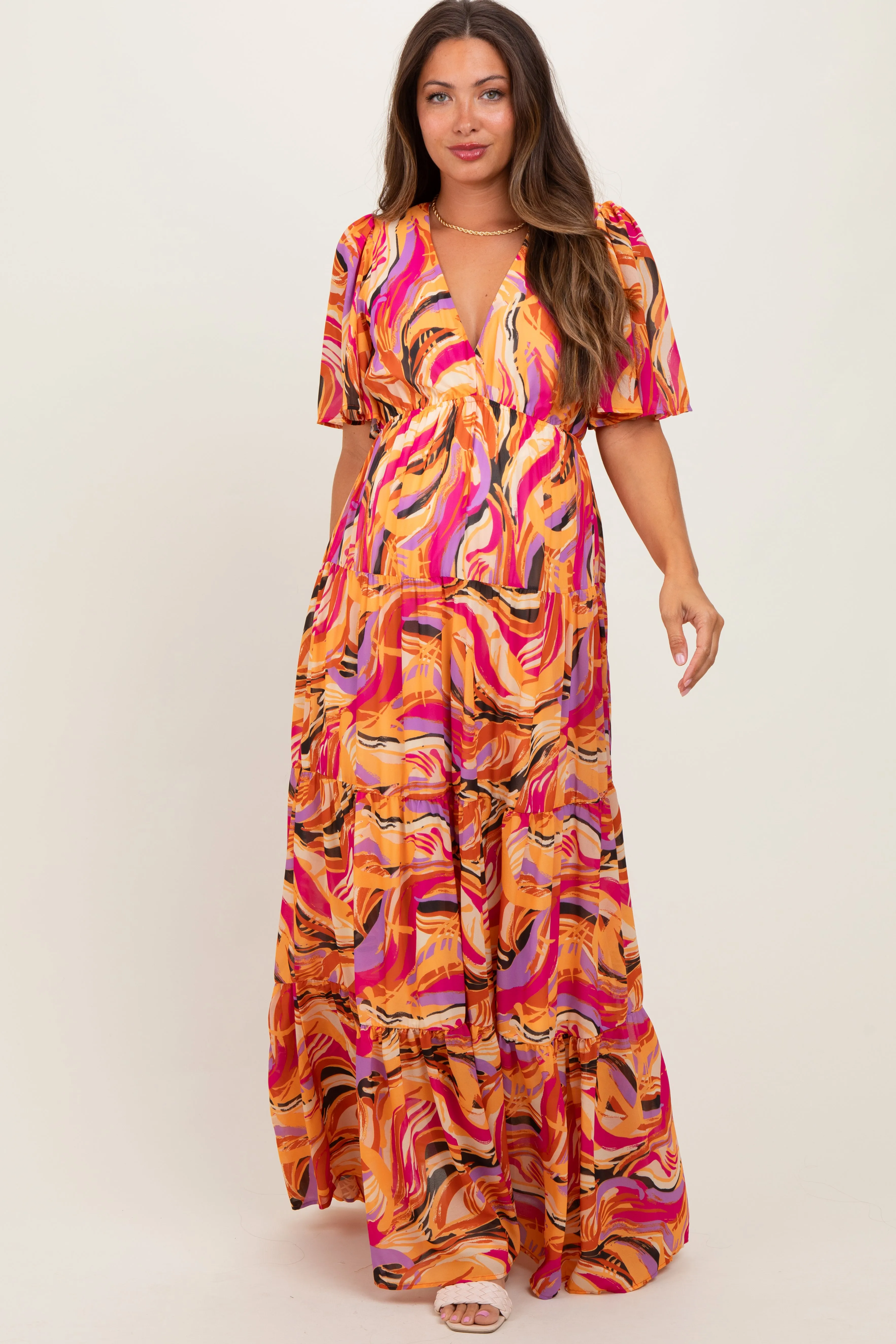 Magenta Brushstroke Print Tiered Maternity Maxi Dress sold by Pinkblush