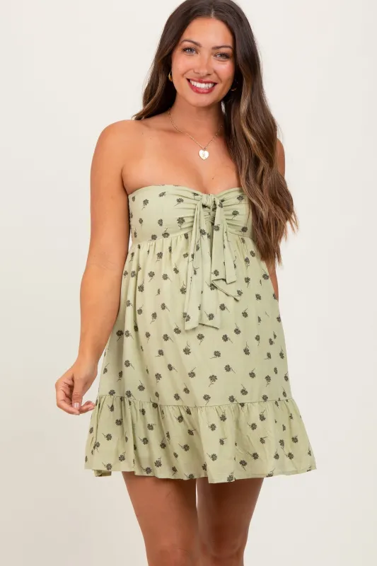 Mint Green Floral Strapless Front Tie Maternity Mini Dress sold by Pinkblush