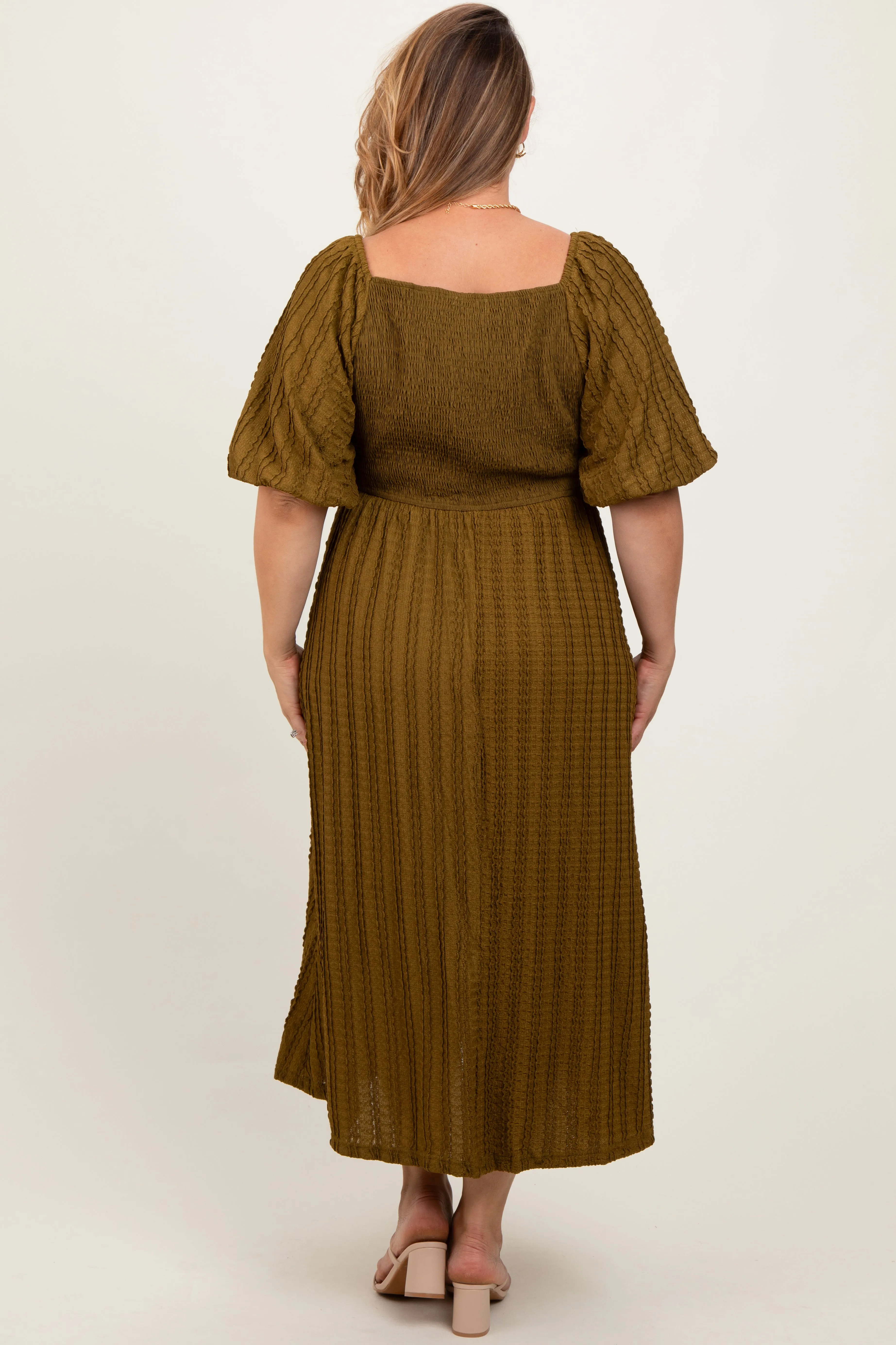 Olive Smocked V-Neck Short Puff Sleeve Textured Maternity Plus Midi Dress sold by Pinkblush product image thumbnail 4
