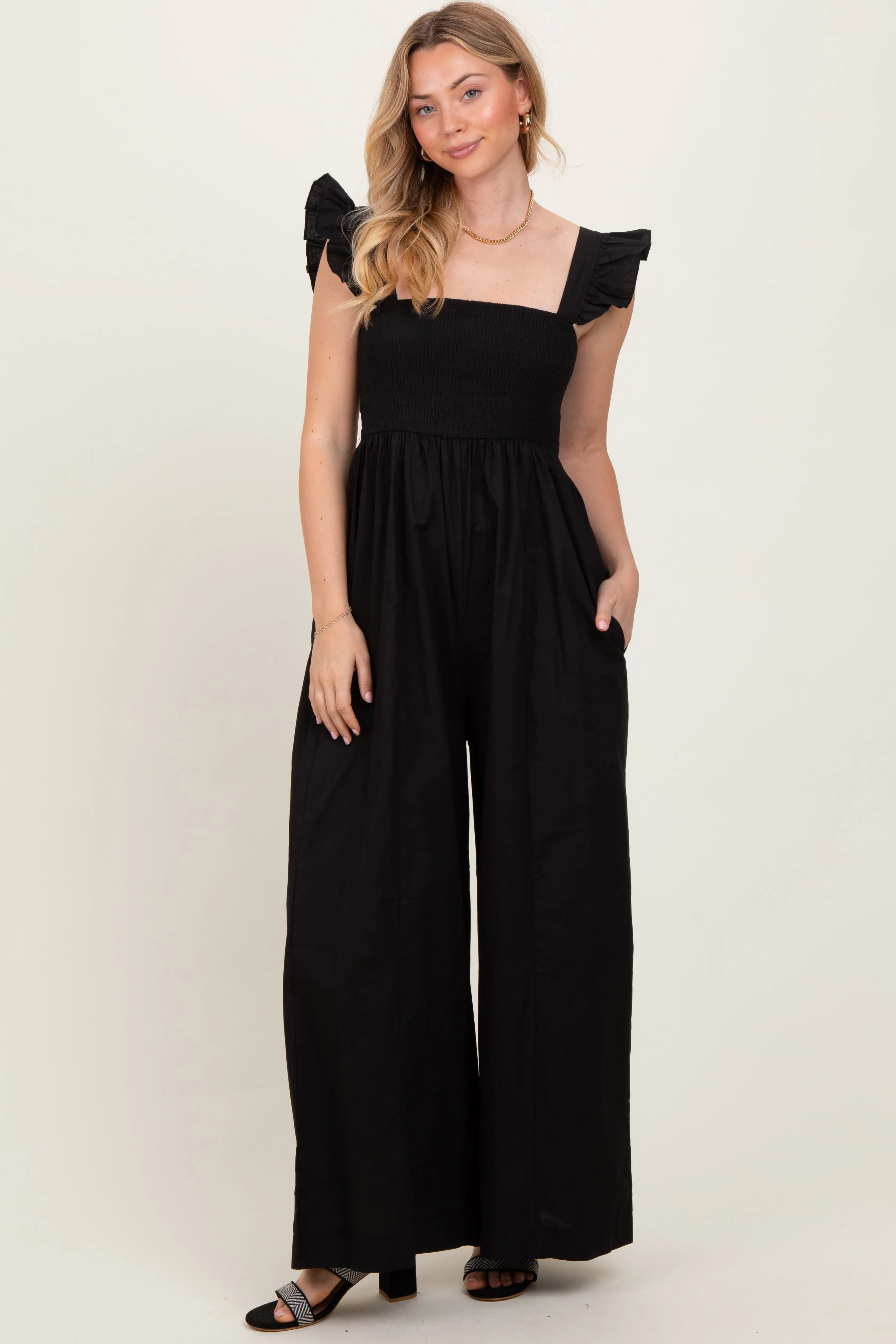 Black Ruffle Strap Smocked Wide Leg Jumpsuit sold by Pinkblush product image thumbnail 2