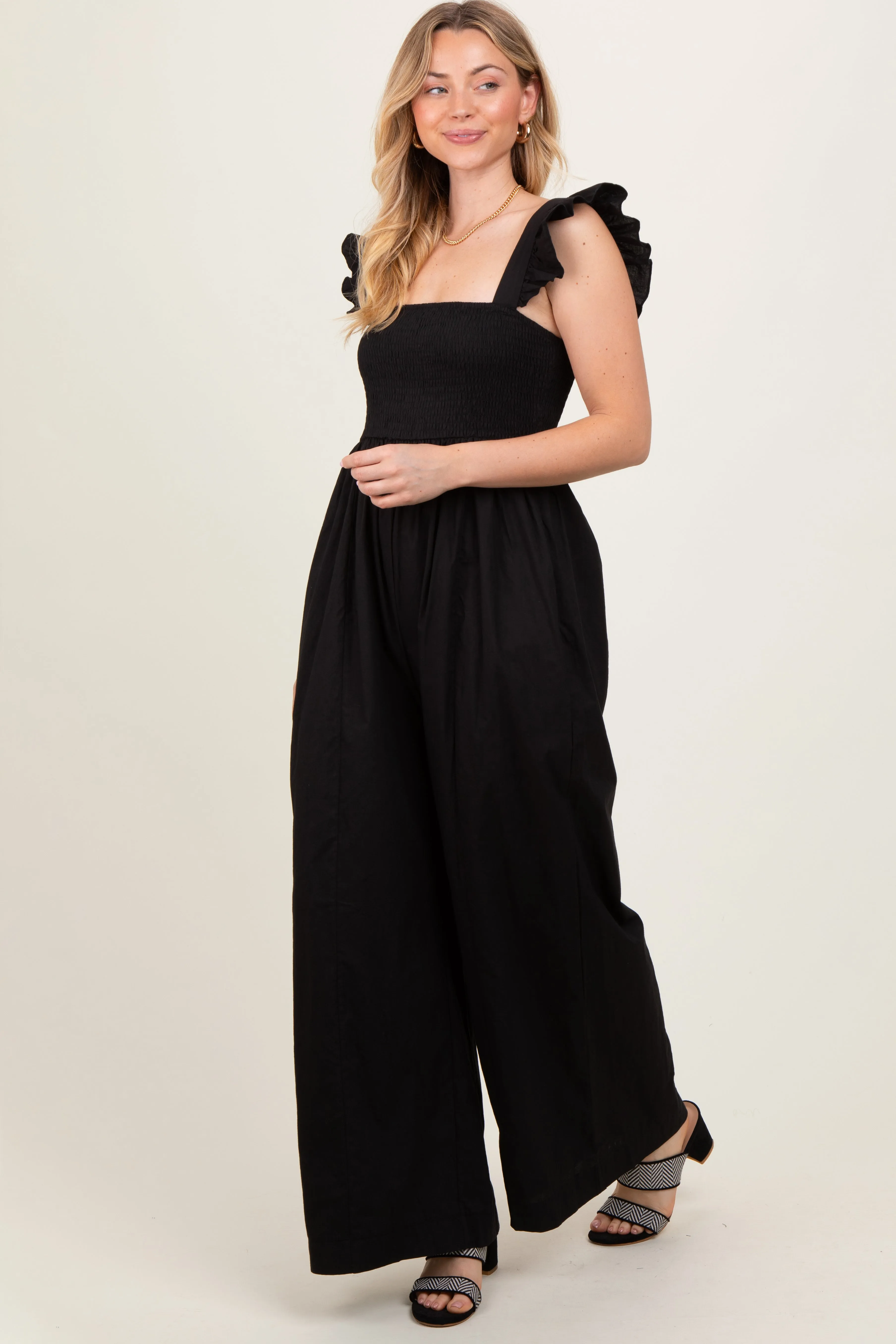 Black Ruffle Strap Smocked Wide Leg Jumpsuit sold by Pinkblush product image thumbnail 3