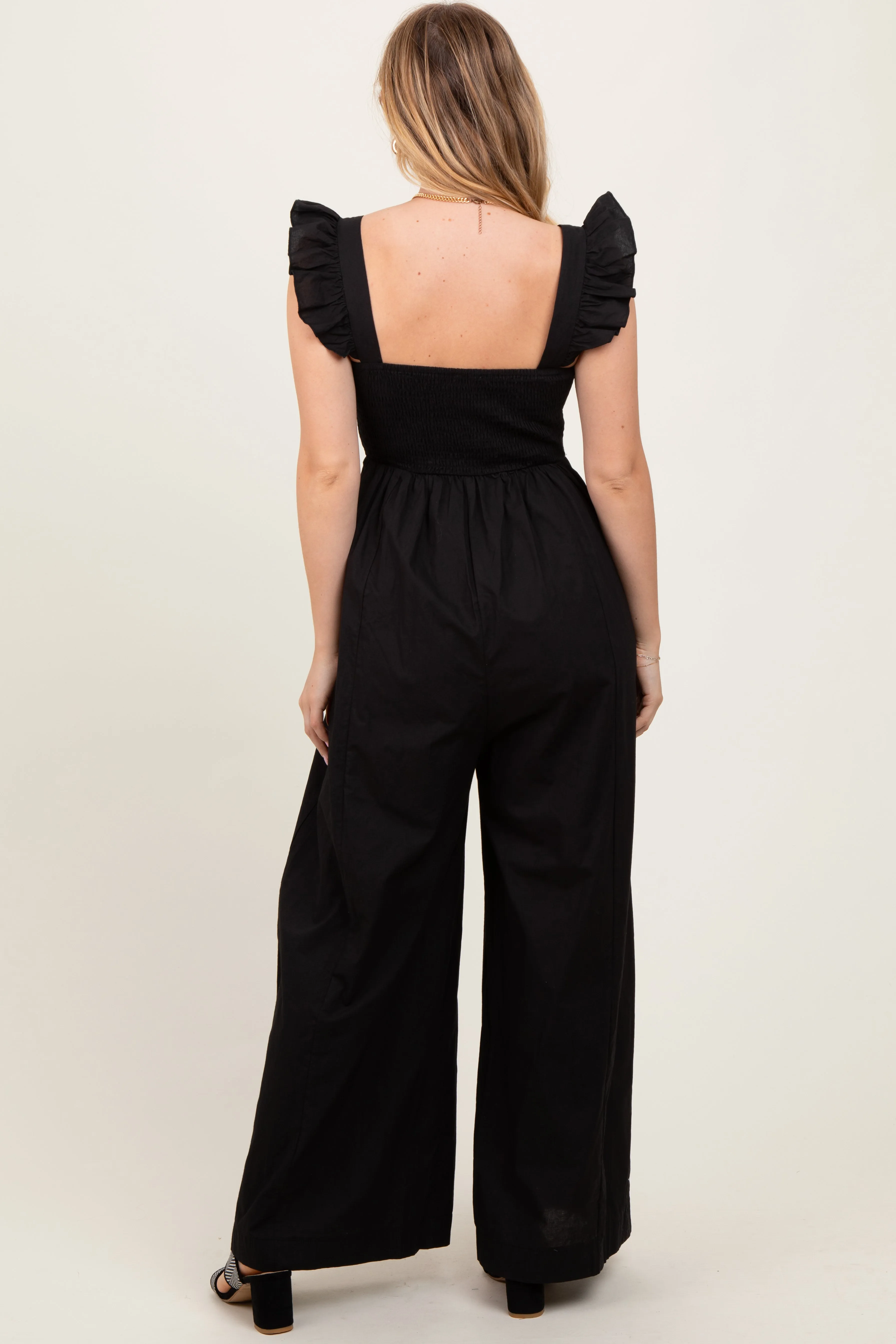 Black Ruffle Strap Smocked Wide Leg Jumpsuit sold by Pinkblush product image thumbnail 4
