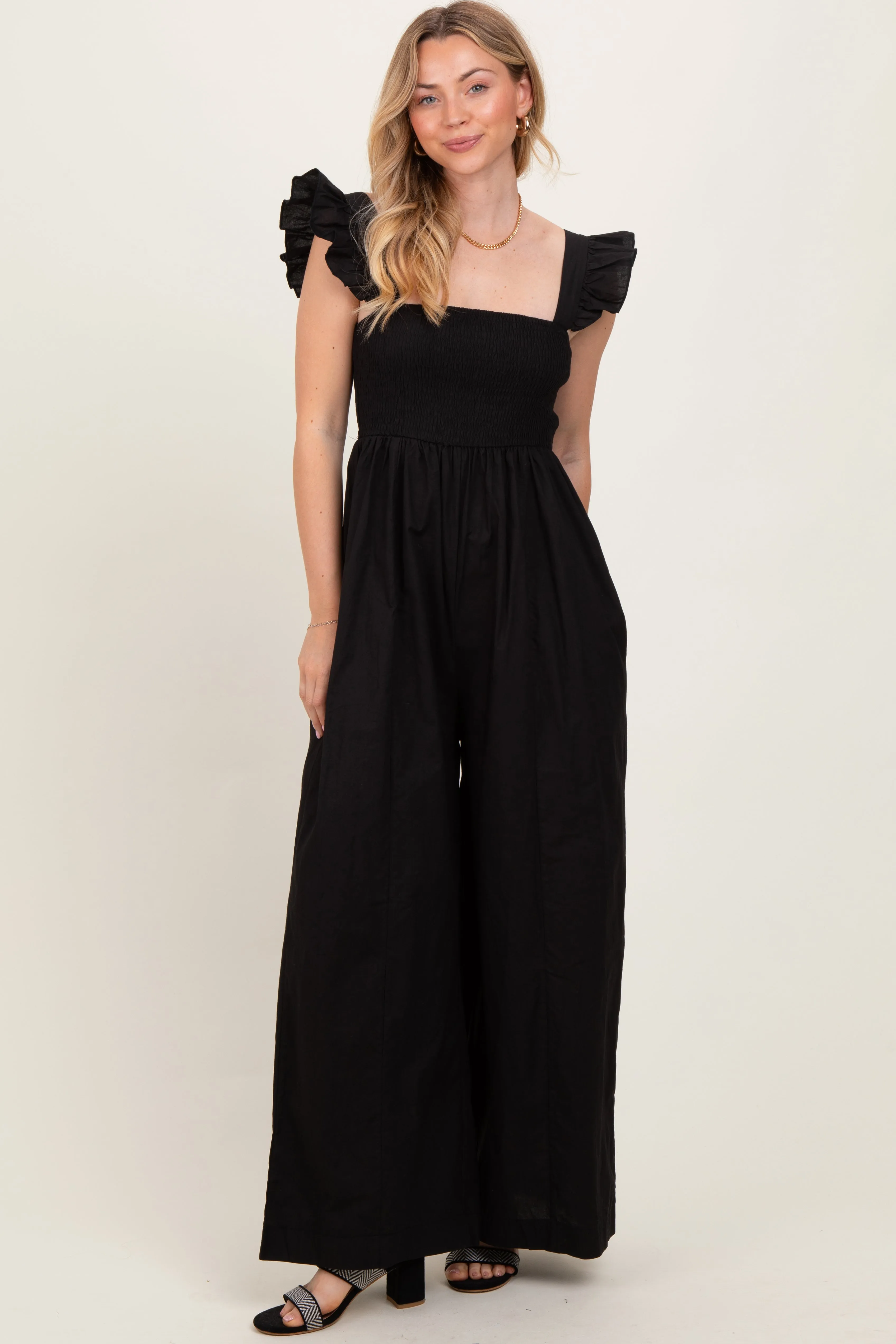 Black Ruffle Strap Smocked Wide Leg Maternity Jumpsuit sold by Pinkblush product image thumbnail 4
