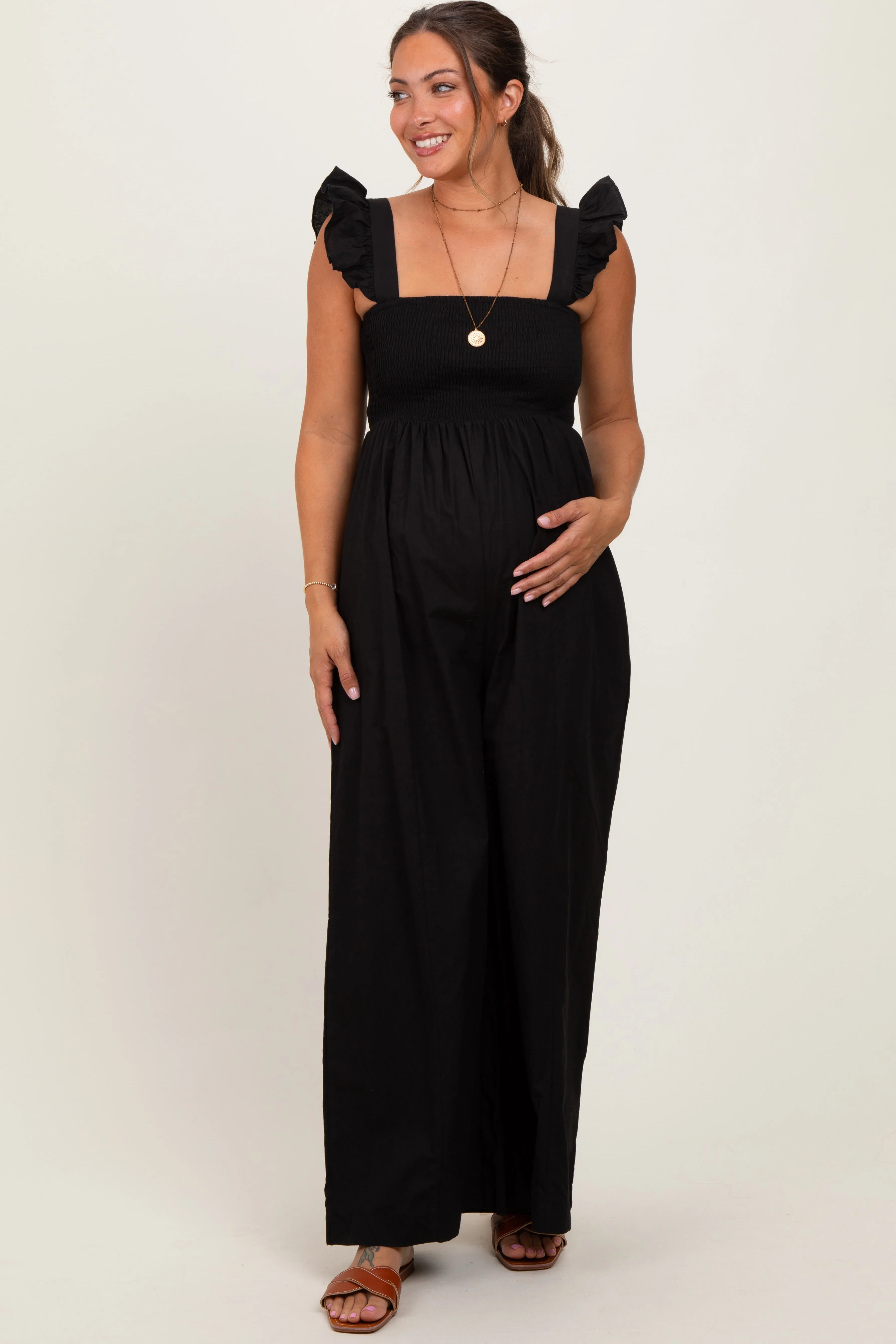 Black Ruffle Strap Smocked Wide Leg Maternity Jumpsuit sold by Pinkblush
