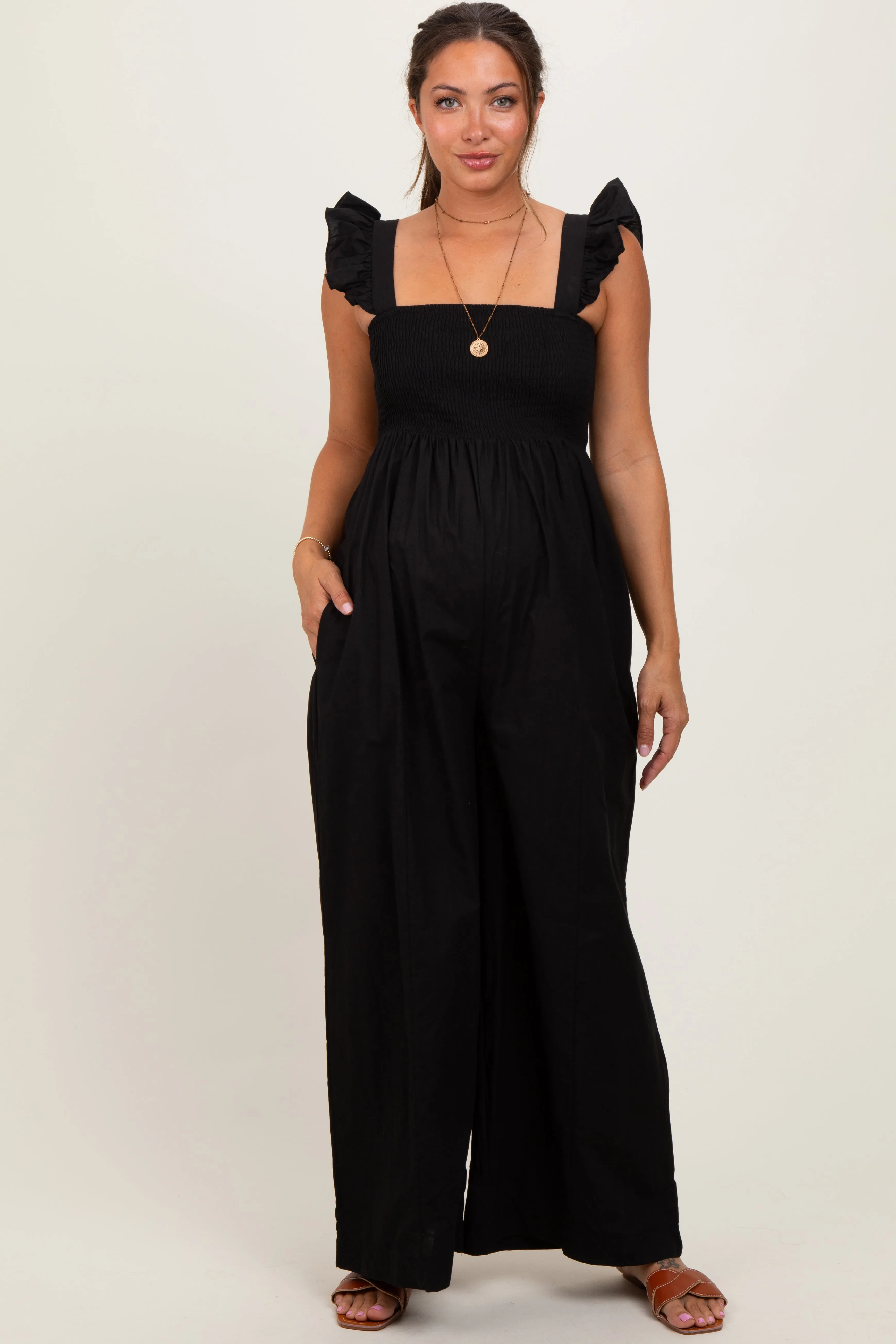 Black Ruffle Strap Smocked Wide Leg Maternity Jumpsuit sold by Pinkblush product image thumbnail 2