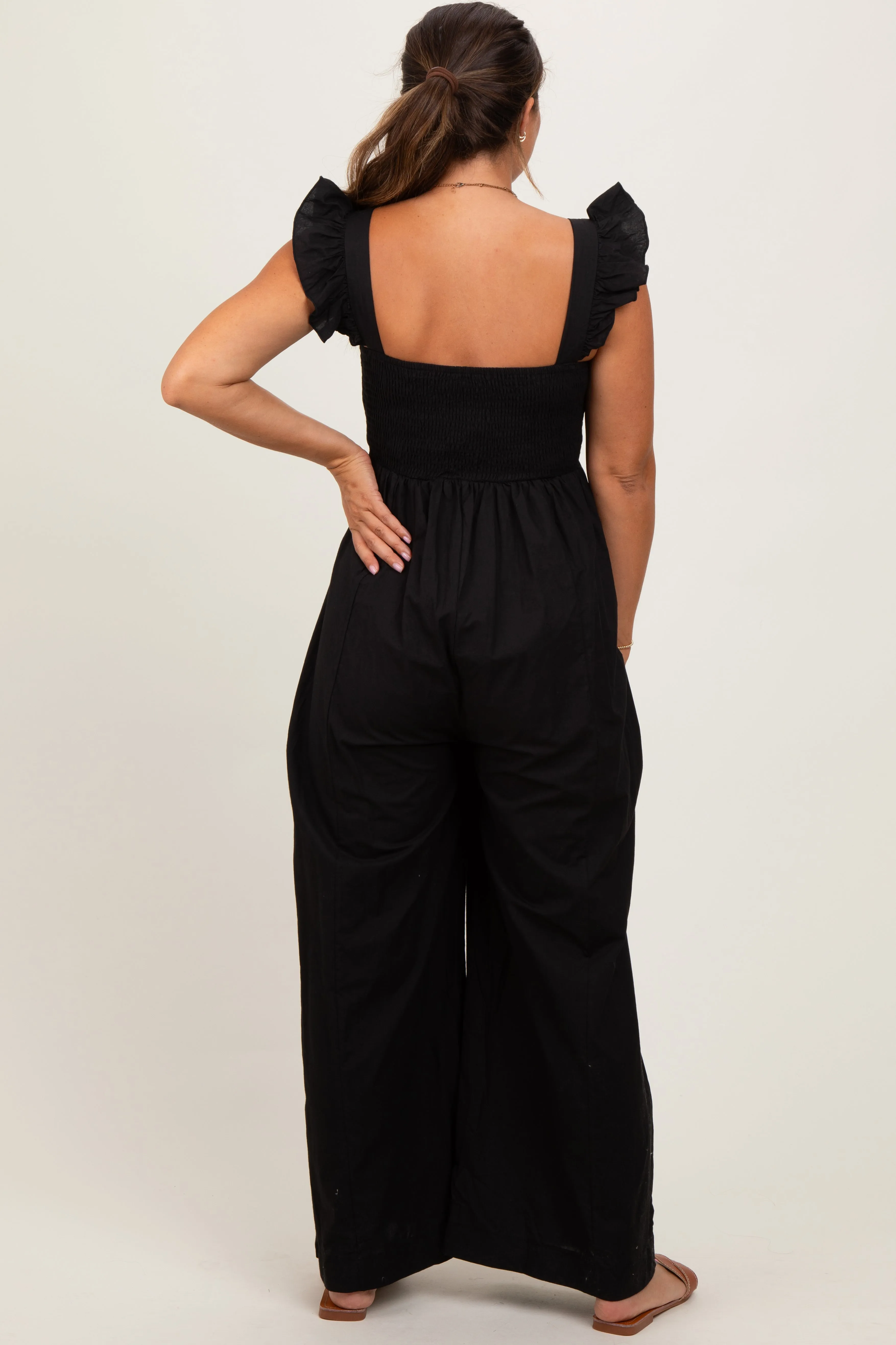 Black Ruffle Strap Smocked Wide Leg Maternity Jumpsuit sold by Pinkblush product image thumbnail 3