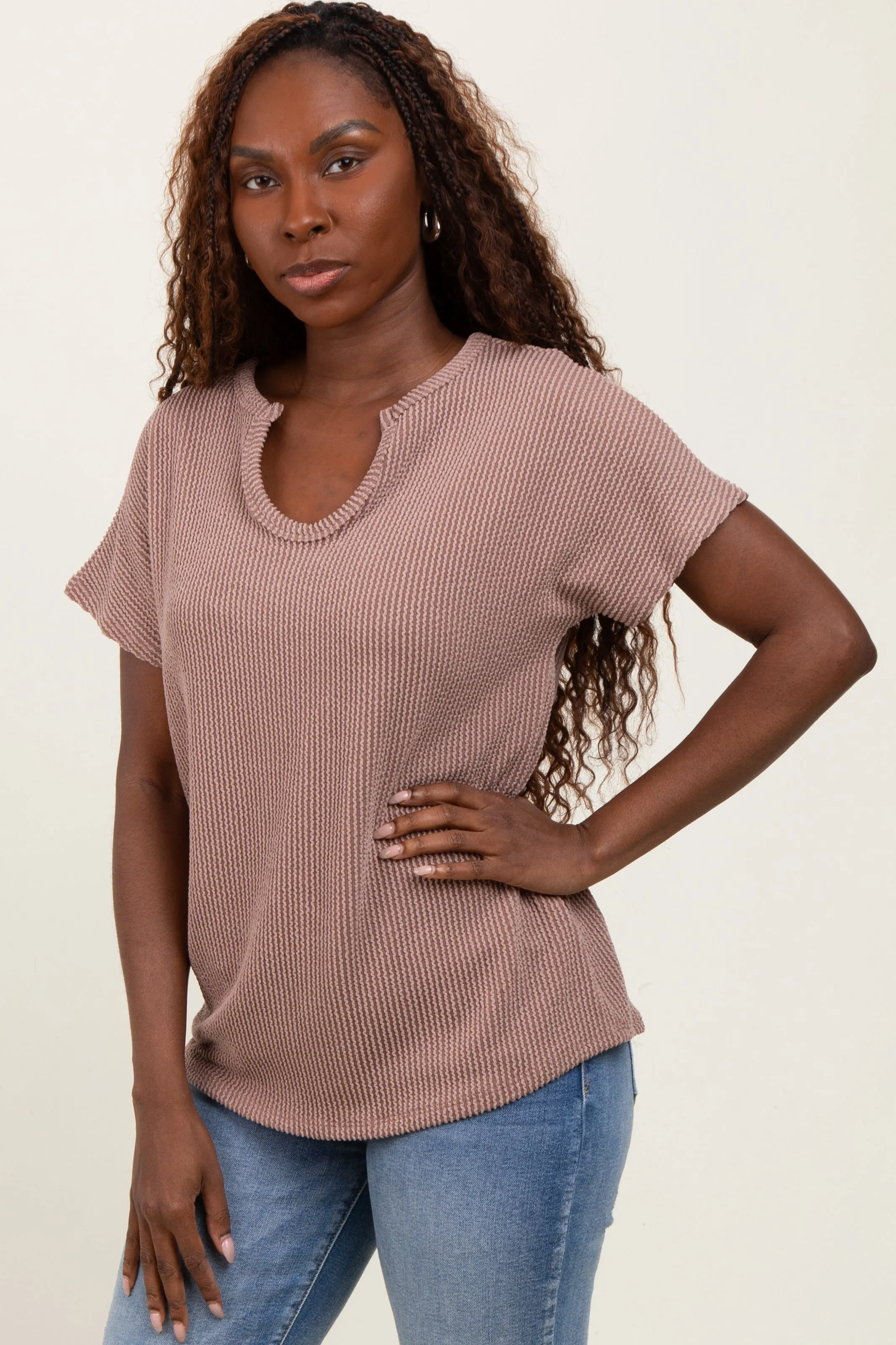 Mocha Ribbed Notched Neckline Top sold by Pinkblush product image thumbnail 3
