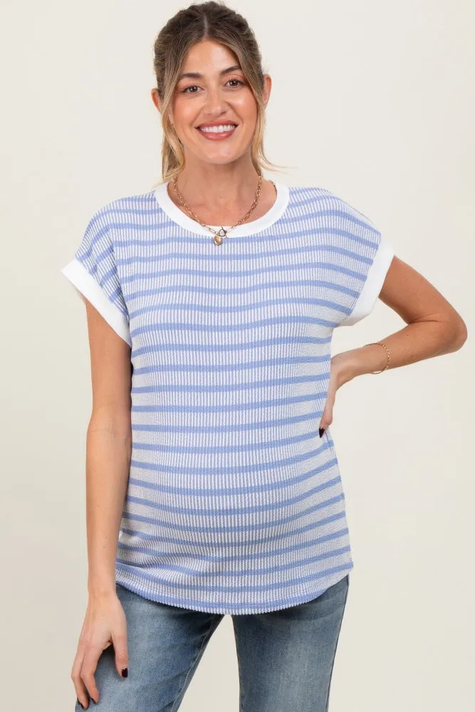 Blue Textured Striped Maternity Short Sleeve Top sold by Pinkblush