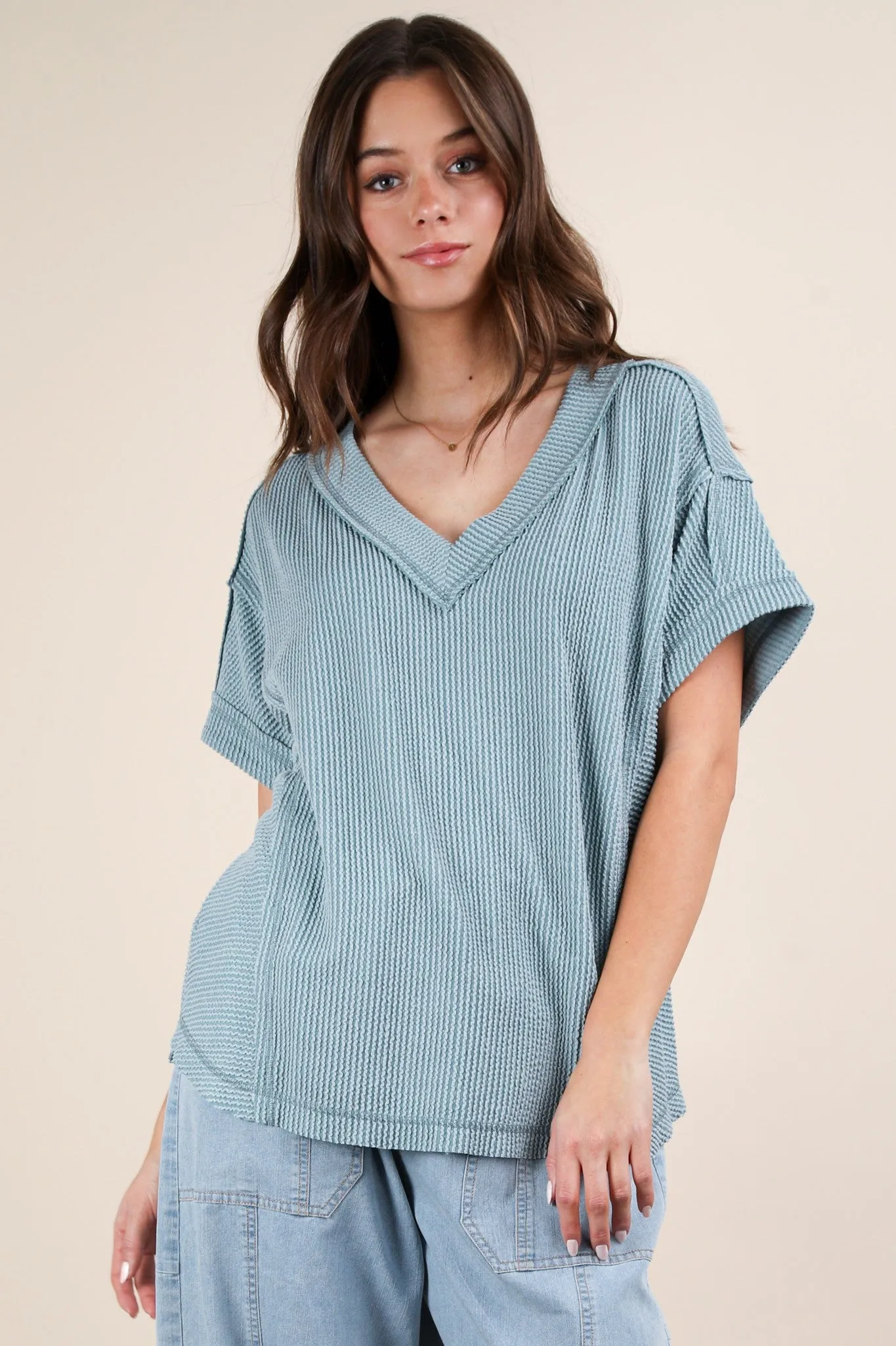 Blue Ribbed Raw Hem Short Sleeve Top sold by Pinkblush product image thumbnail 2