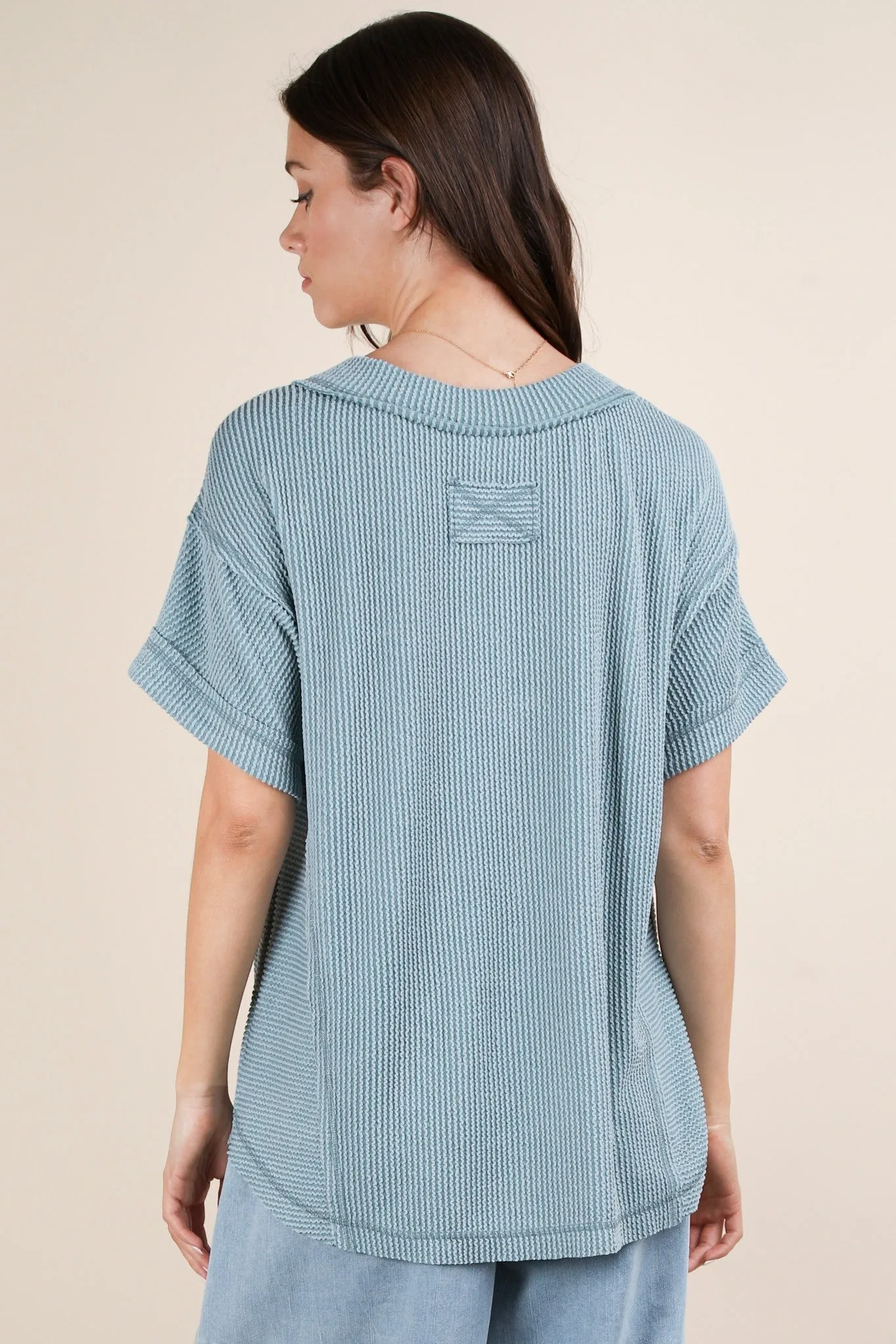 Blue Ribbed Raw Hem Short Sleeve Top sold by Pinkblush product image thumbnail 5