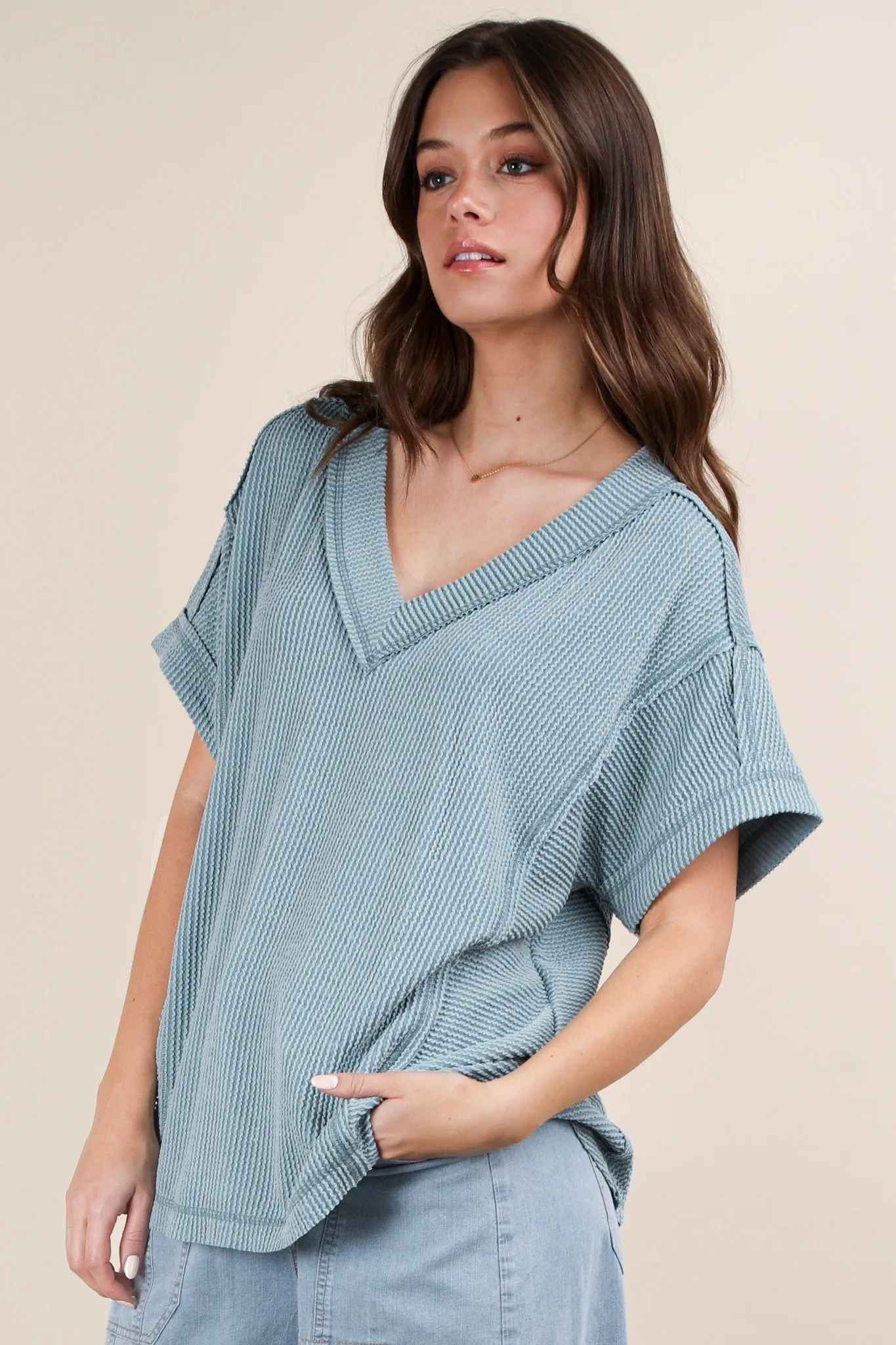 Blue Ribbed Raw Hem Short Sleeve Top sold by Pinkblush product image thumbnail 3