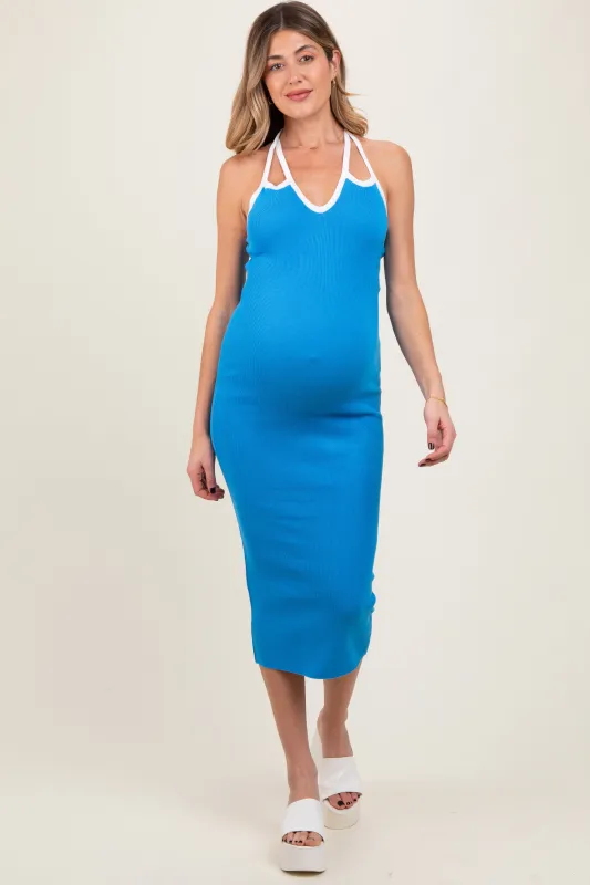 Aqua Contrast Trim Keyhole Cutout Maternity Midi Dress sold by Pinkblush