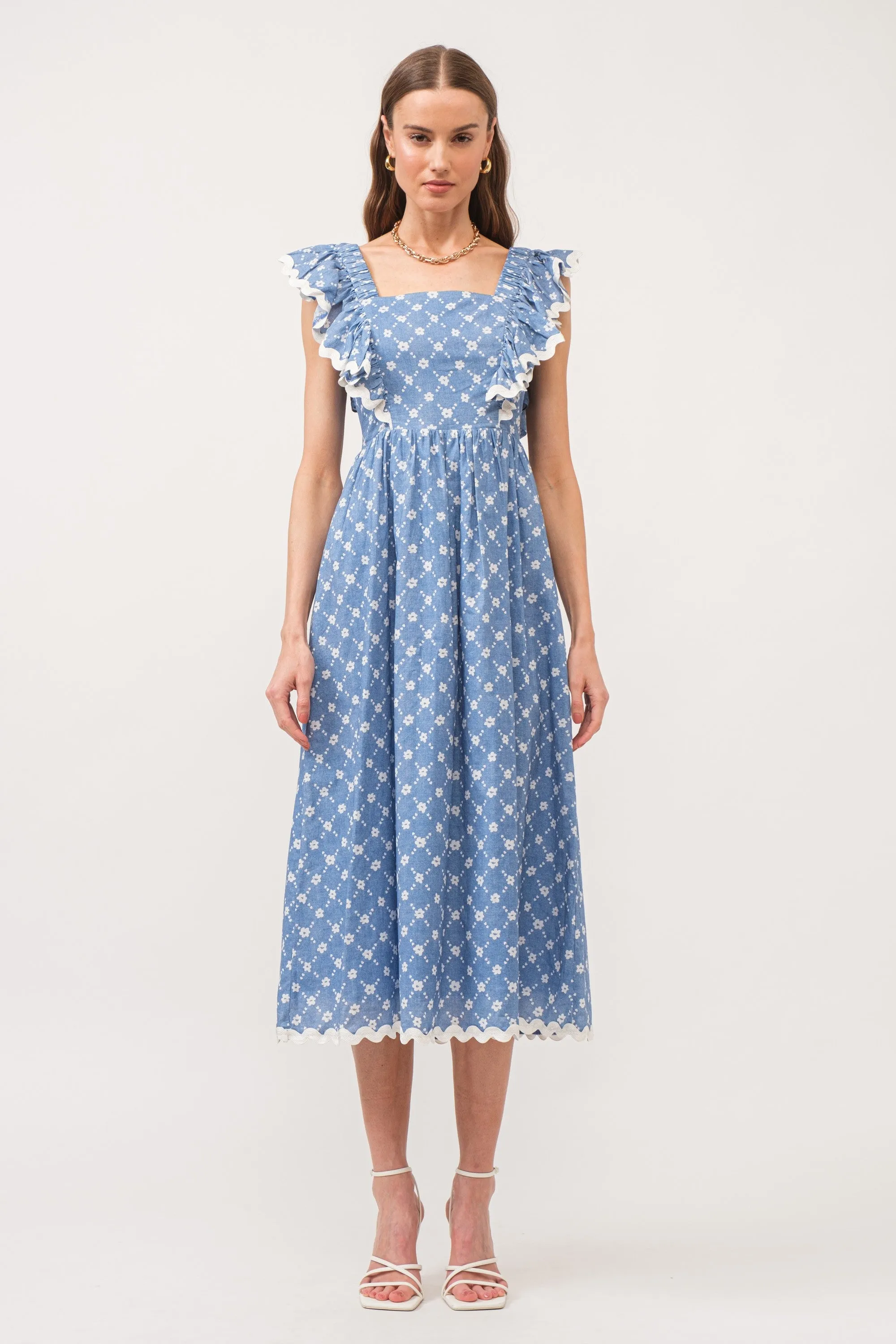 Blue Printed Ruffle Accent Midi Dress sold by Pinkblush