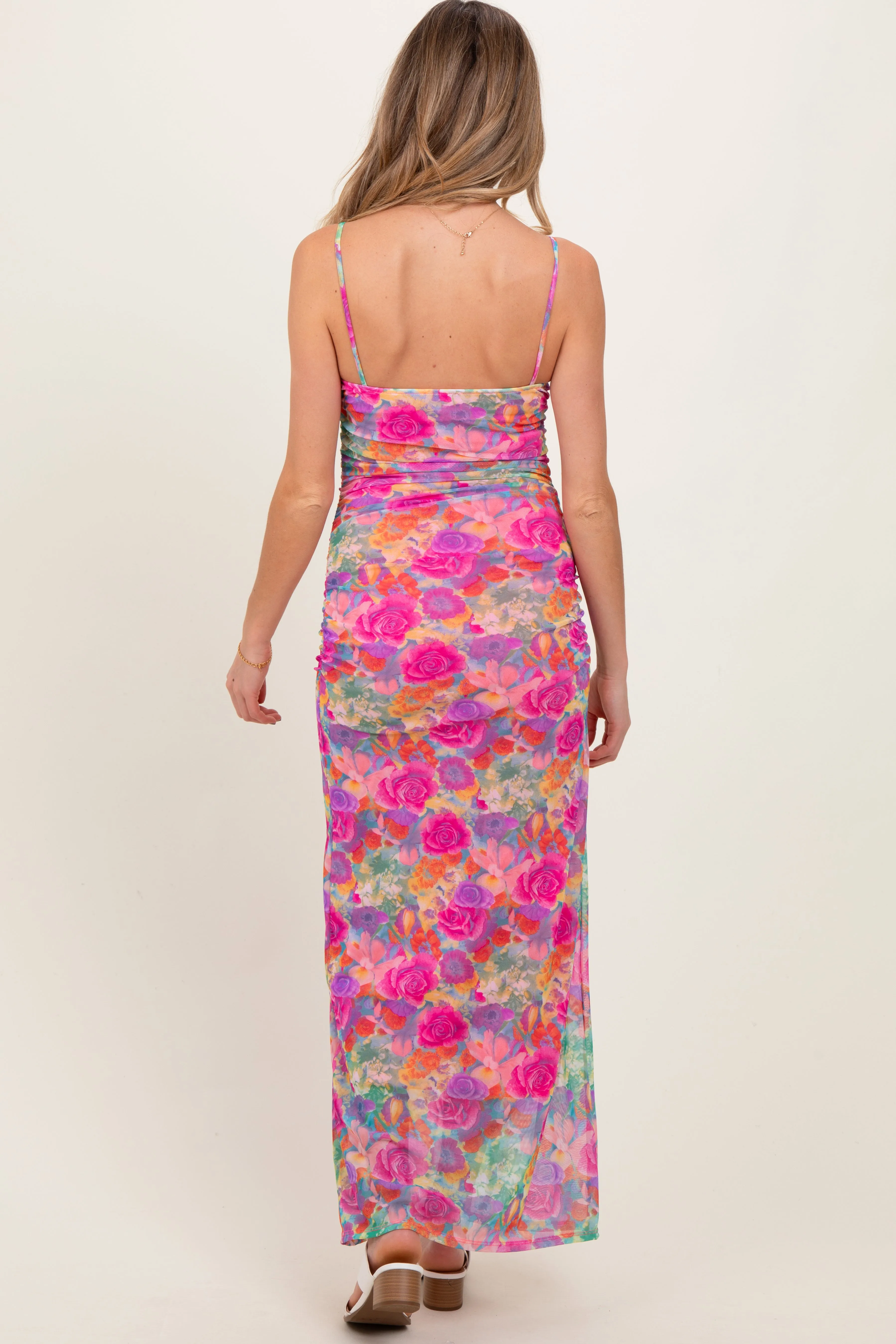 Pink Multi-Color Floral Mesh Ruched Sleeveless Maternity Maxi Dress sold by Pinkblush product image thumbnail 4