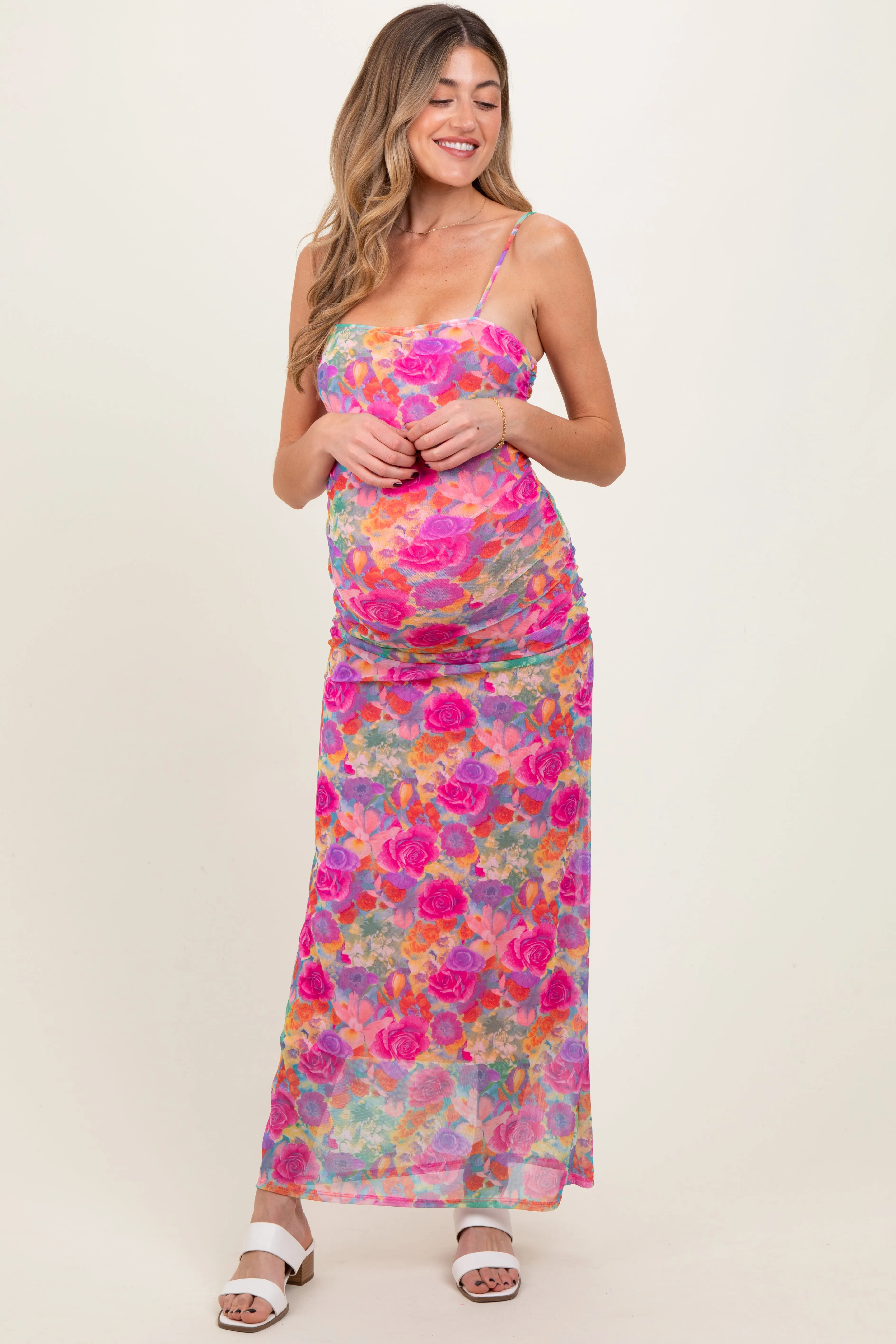 Pink Multi-Color Floral Mesh Ruched Sleeveless Maternity Maxi Dress sold by Pinkblush