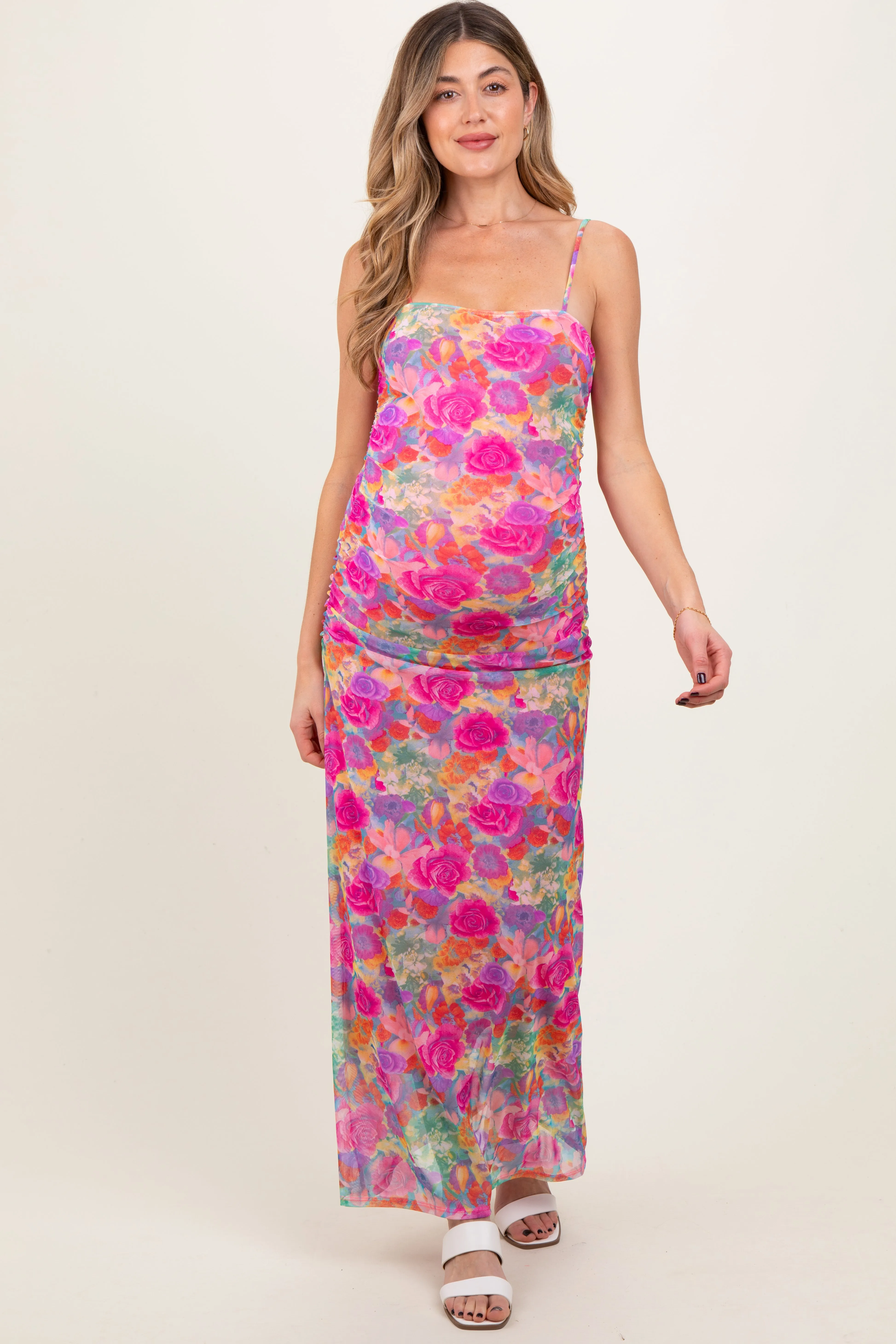 Pink Multi-Color Floral Mesh Ruched Sleeveless Maternity Maxi Dress sold by Pinkblush product image thumbnail 2