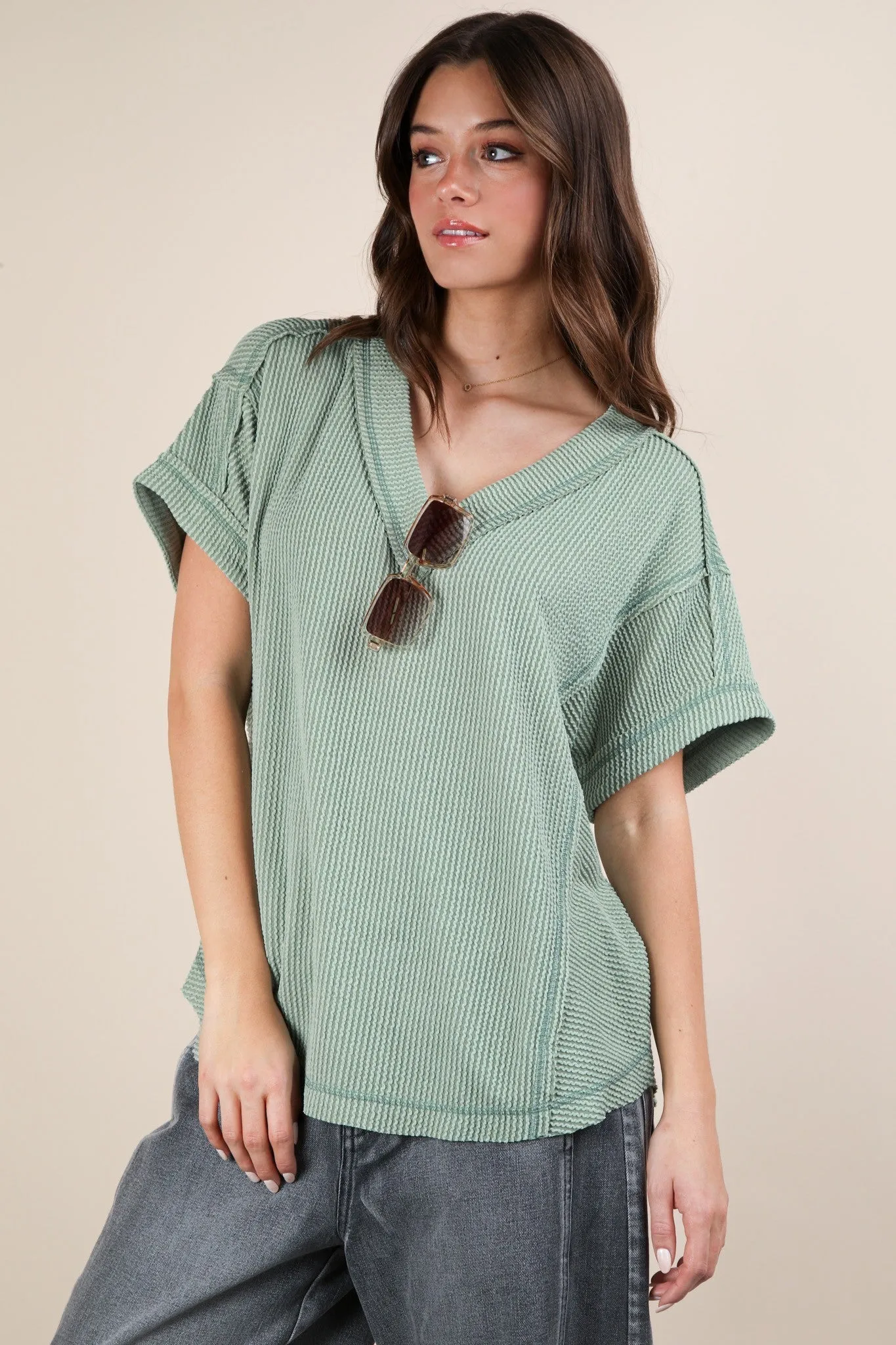 Light Olive Ribbed Raw Hem Short Sleeve Top sold by Pinkblush product image thumbnail 2