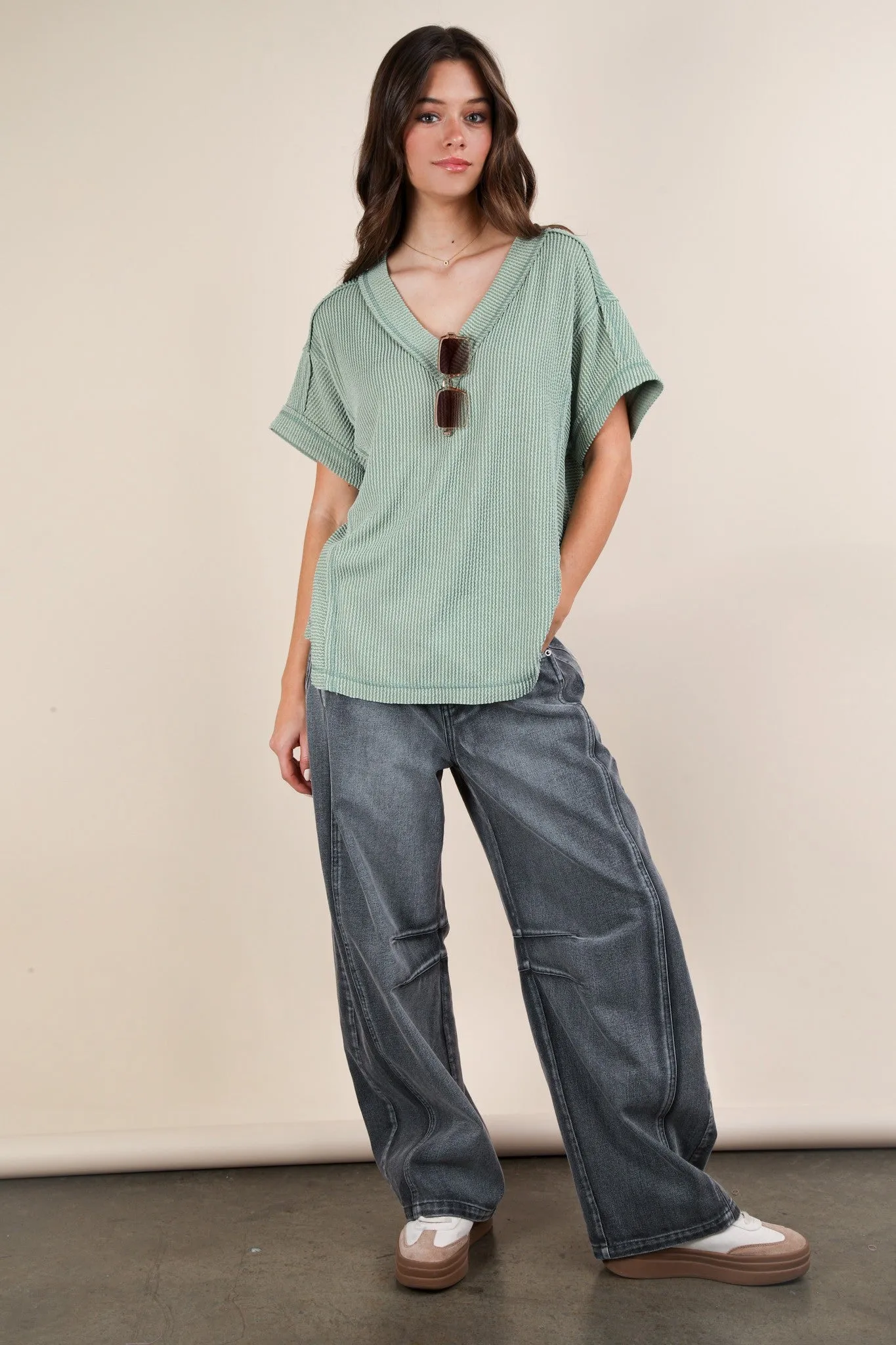 Light Olive Ribbed Raw Hem Short Sleeve Top sold by Pinkblush product image thumbnail 4