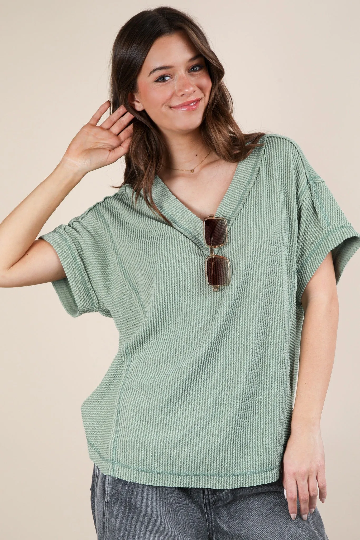 Light Olive Ribbed Raw Hem Short Sleeve Top sold by Pinkblush