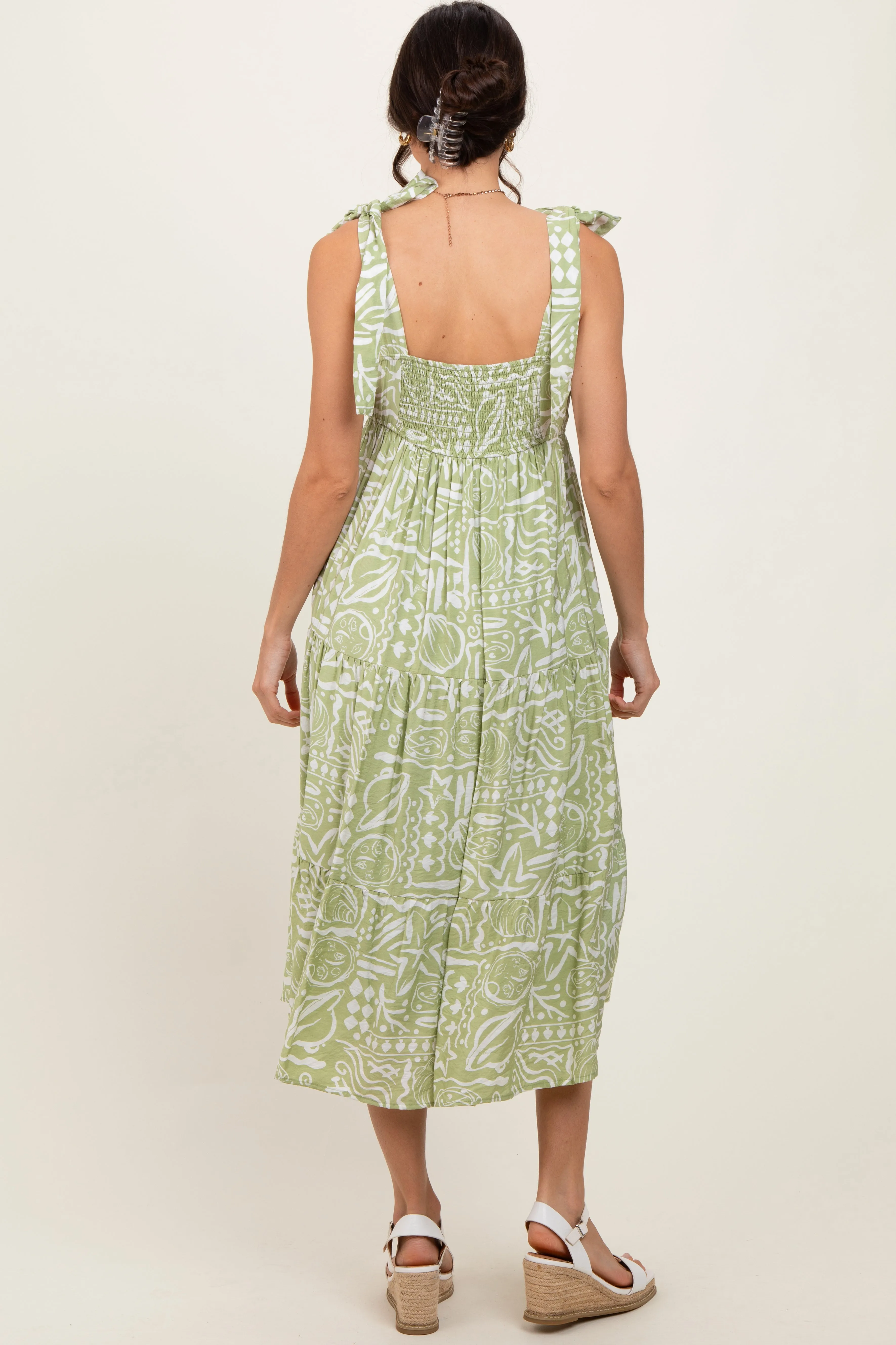 Light Olive Printed Tie Strap Tiered Midi Dress sold by Pinkblush product image thumbnail 4