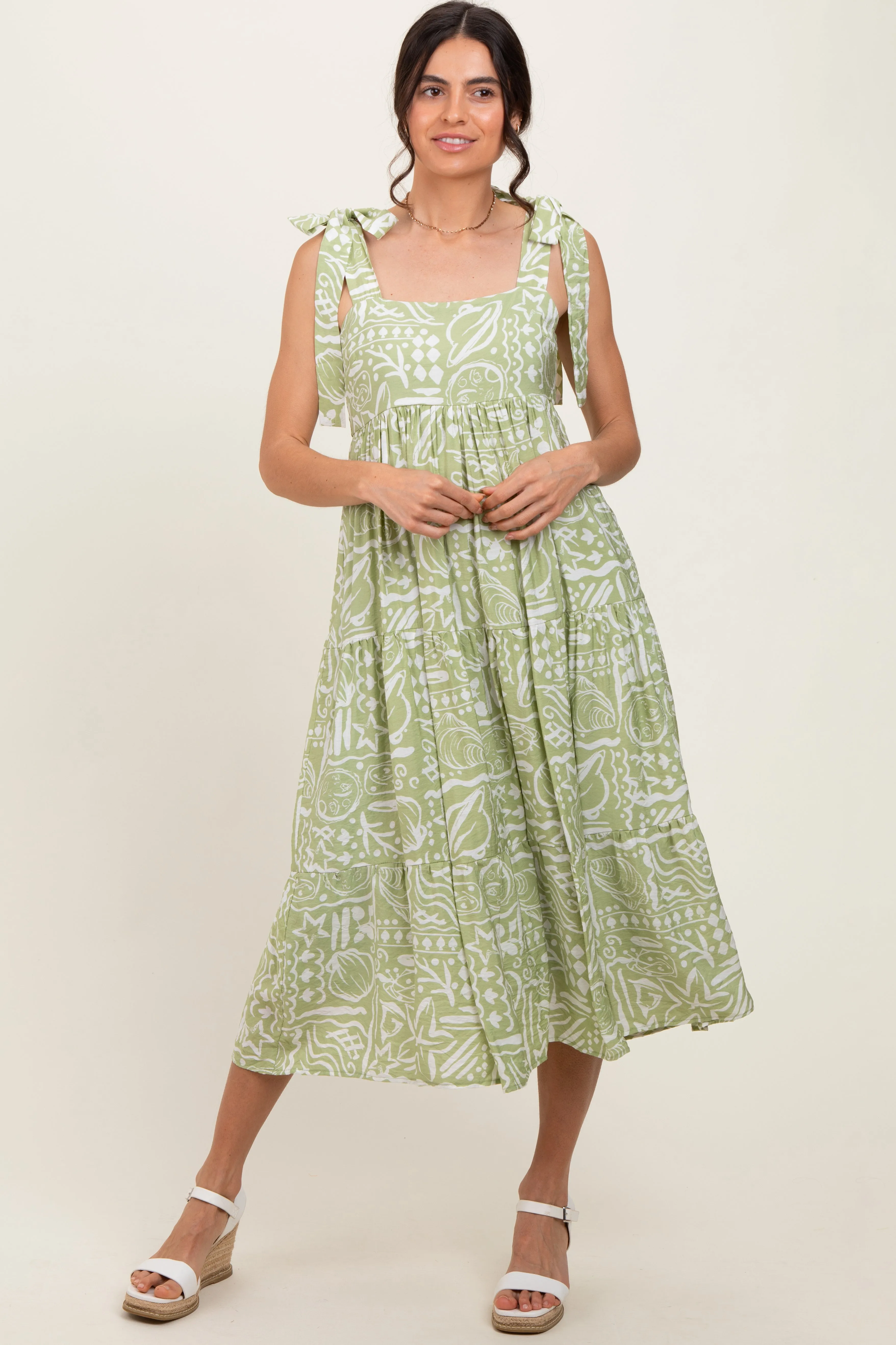Light Olive Printed Tie Strap Tiered Midi Dress sold by Pinkblush product image thumbnail 2