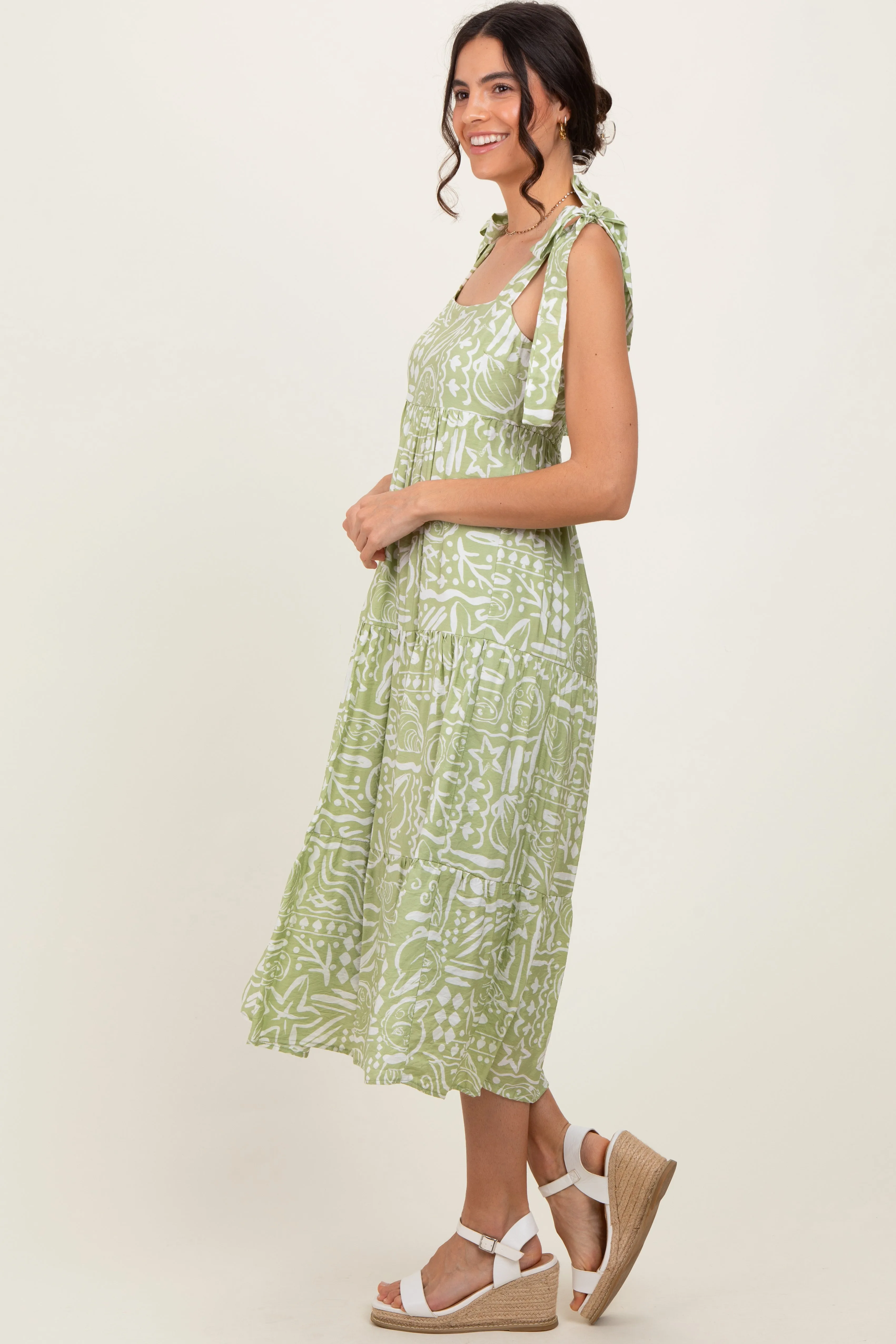 Light Olive Printed Tie Strap Tiered Midi Dress sold by Pinkblush product image thumbnail 3