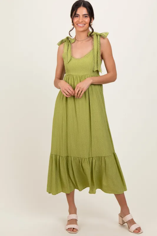 Light Olive Scallop Trim Shoulder Tie Midi Dress made by Pinkblush