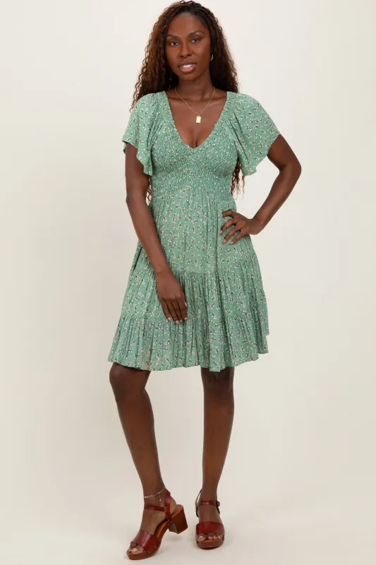 Light Olive Floral Smocked V-Neck Mini Dress sold by Pinkblush
