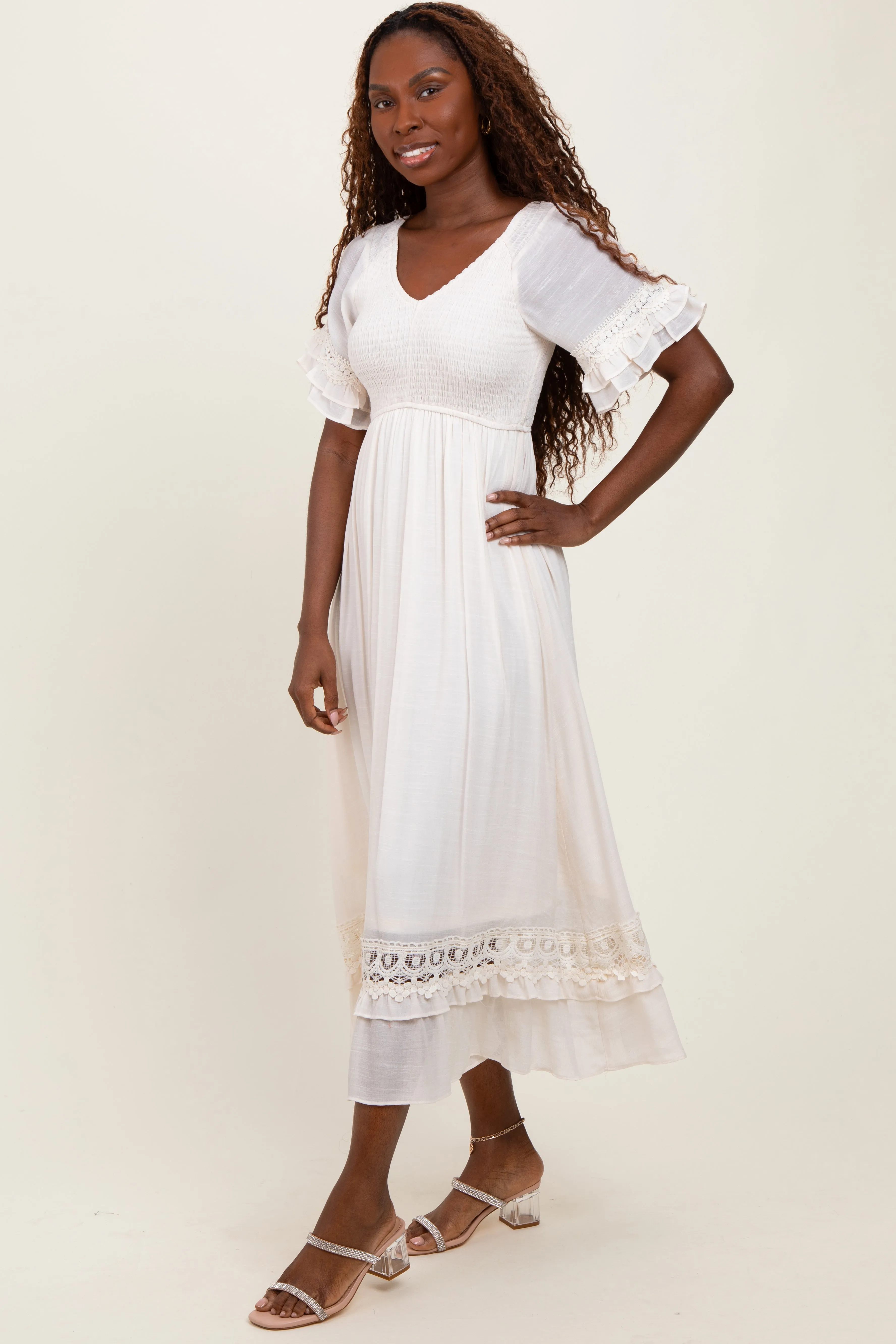 Cream Smocked Crochet Ruffle Trim Midi Dress sold by Pinkblush product image thumbnail 3