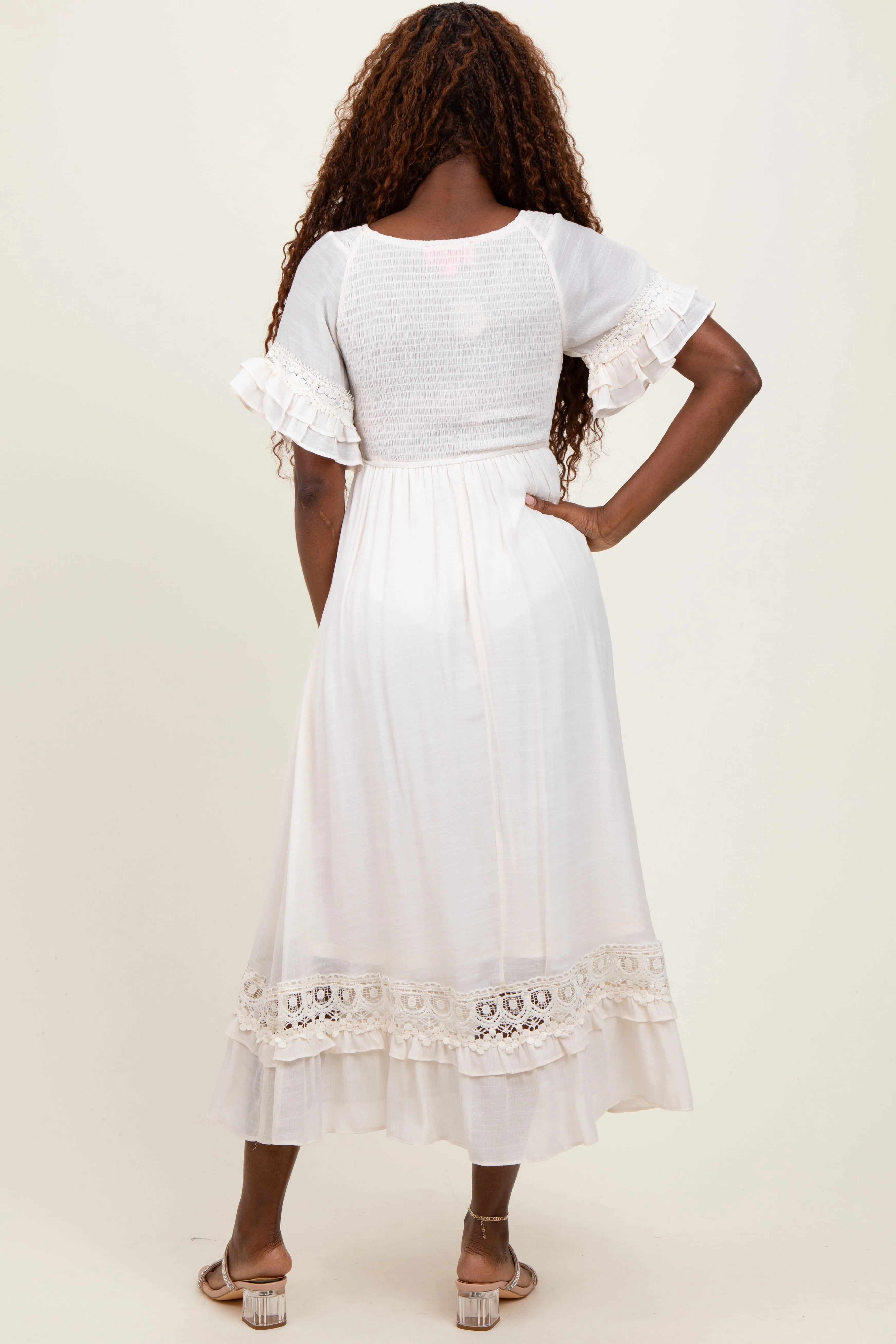 Cream Smocked Crochet Ruffle Trim Midi Dress sold by Pinkblush product image thumbnail 4