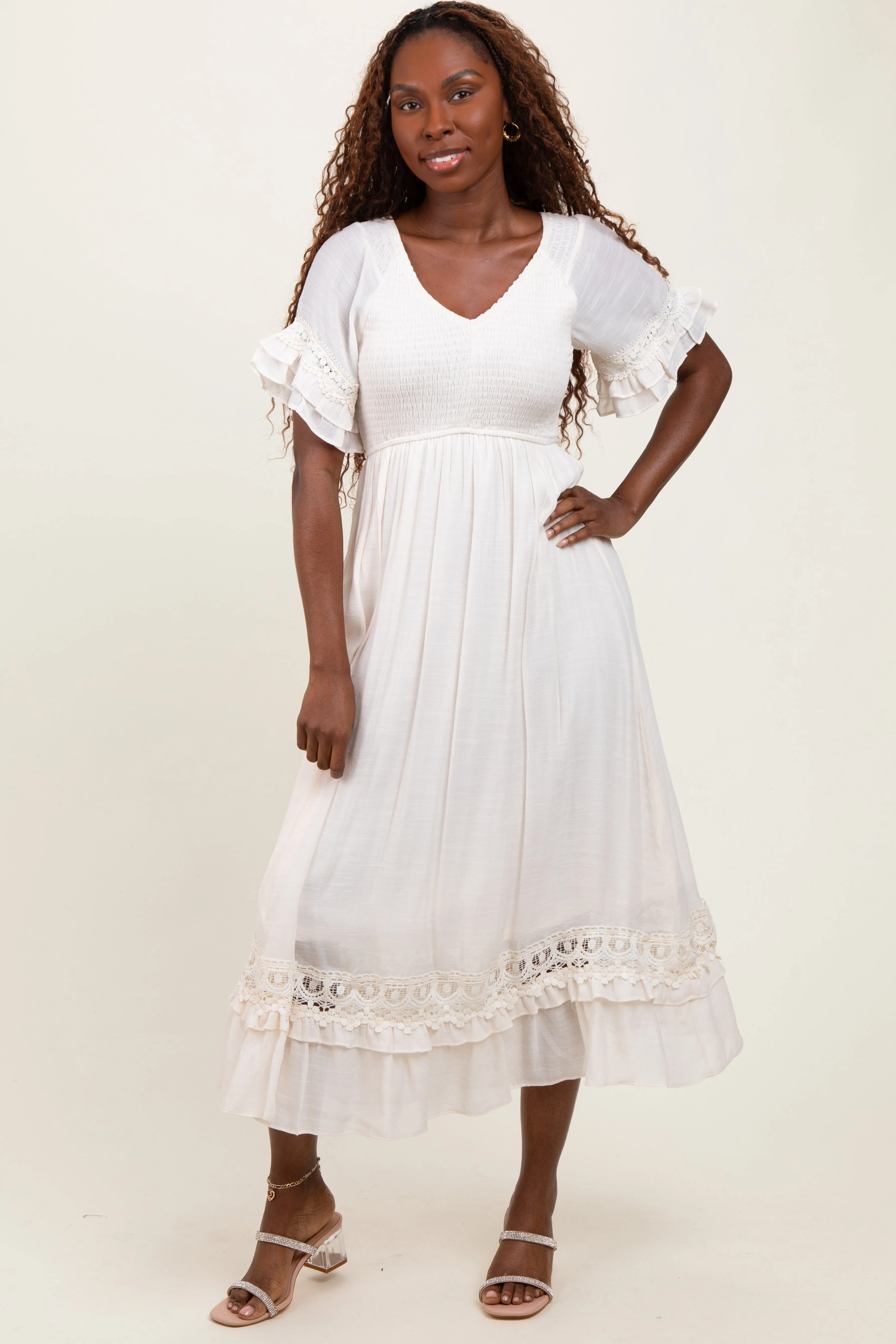 Cream Smocked Crochet Ruffle Trim Midi Dress sold by Pinkblush product image thumbnail 2