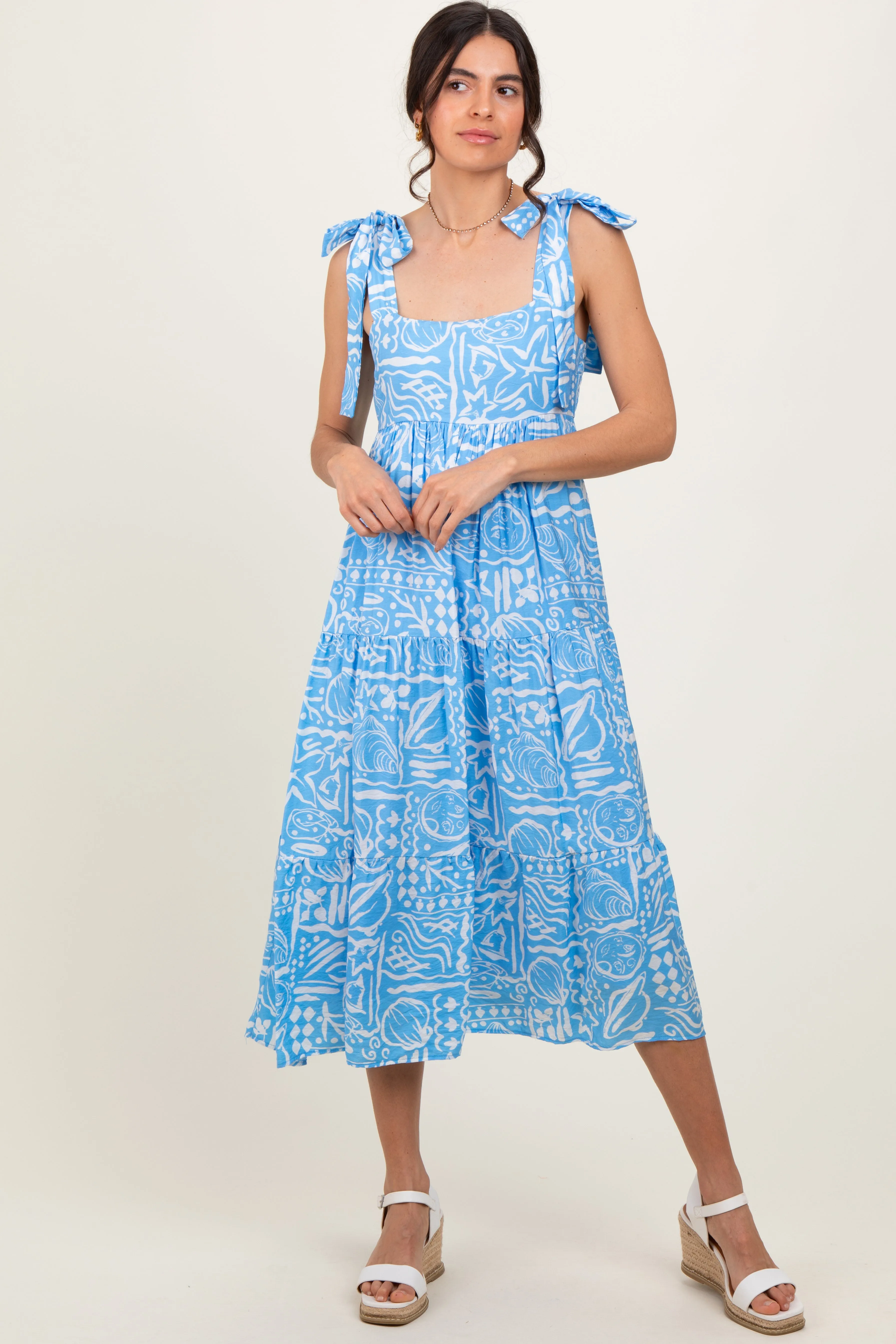 Light Blue Printed Tie Strap Tiered Midi Dress sold by Pinkblush product image thumbnail 2