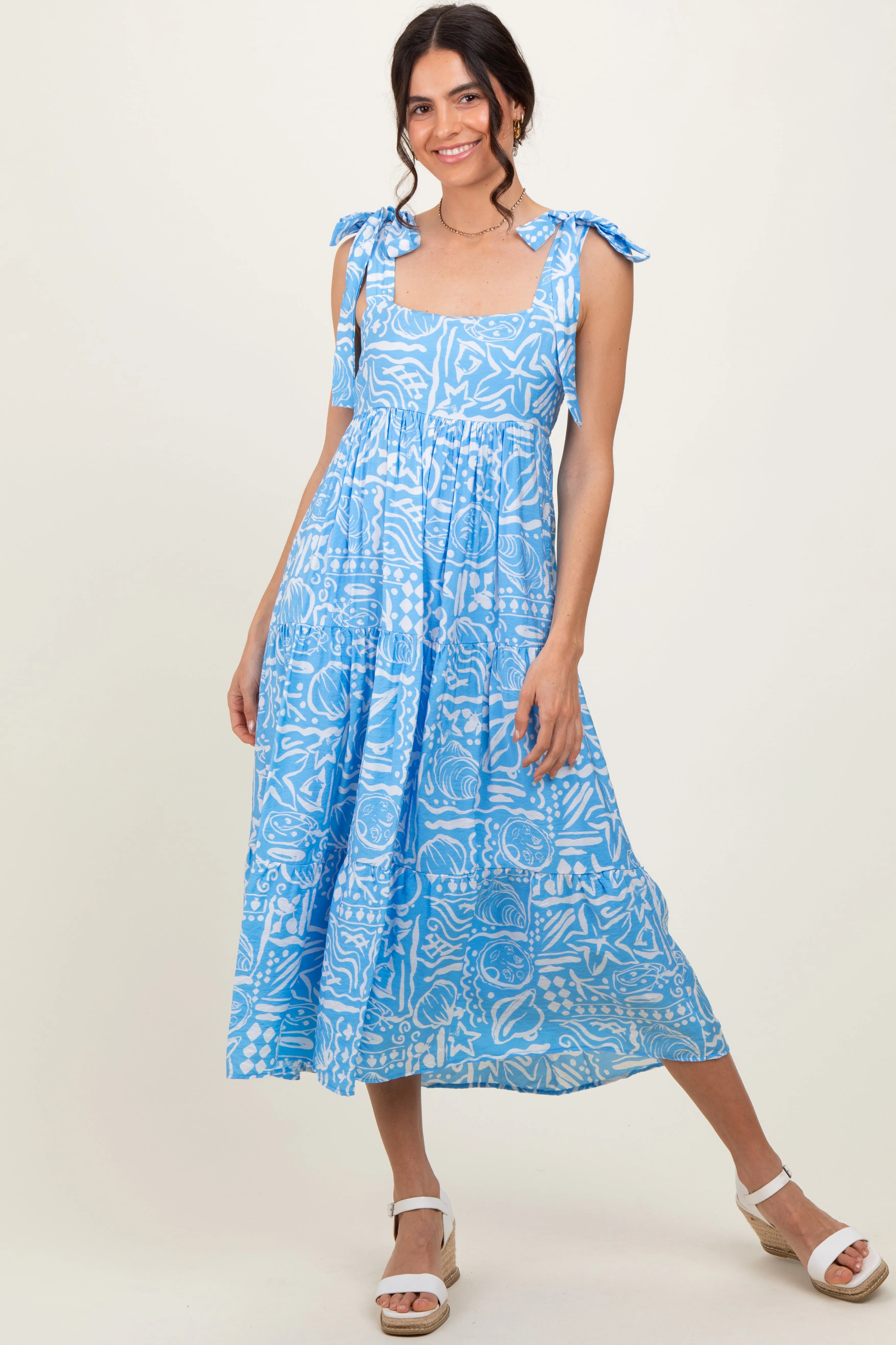Light Blue Printed Tie Strap Tiered Midi Dress sold by Pinkblush