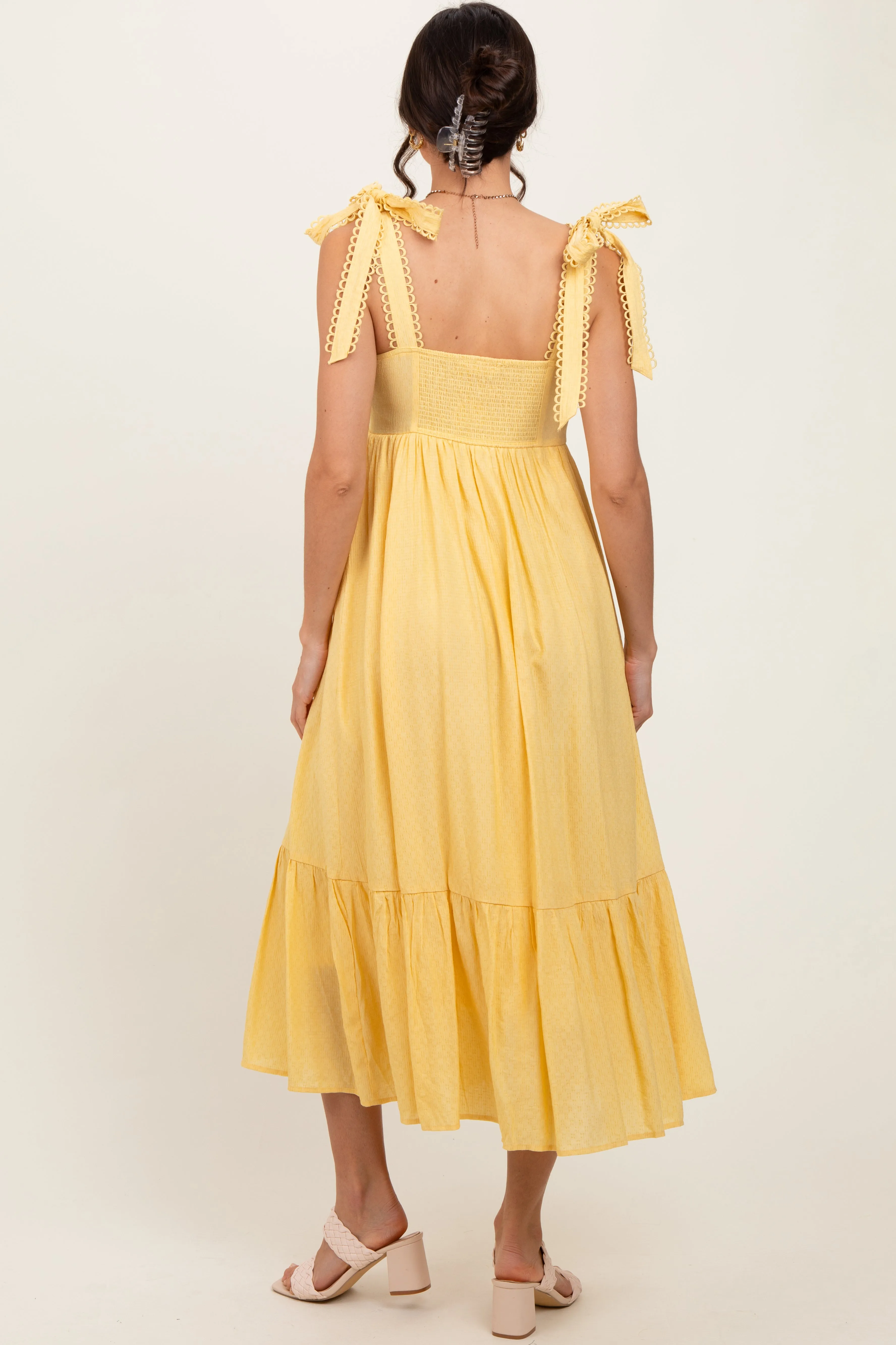 Yellow Scallop Trim Shoulder Tie Midi Dress sold by Pinkblush product image thumbnail 4